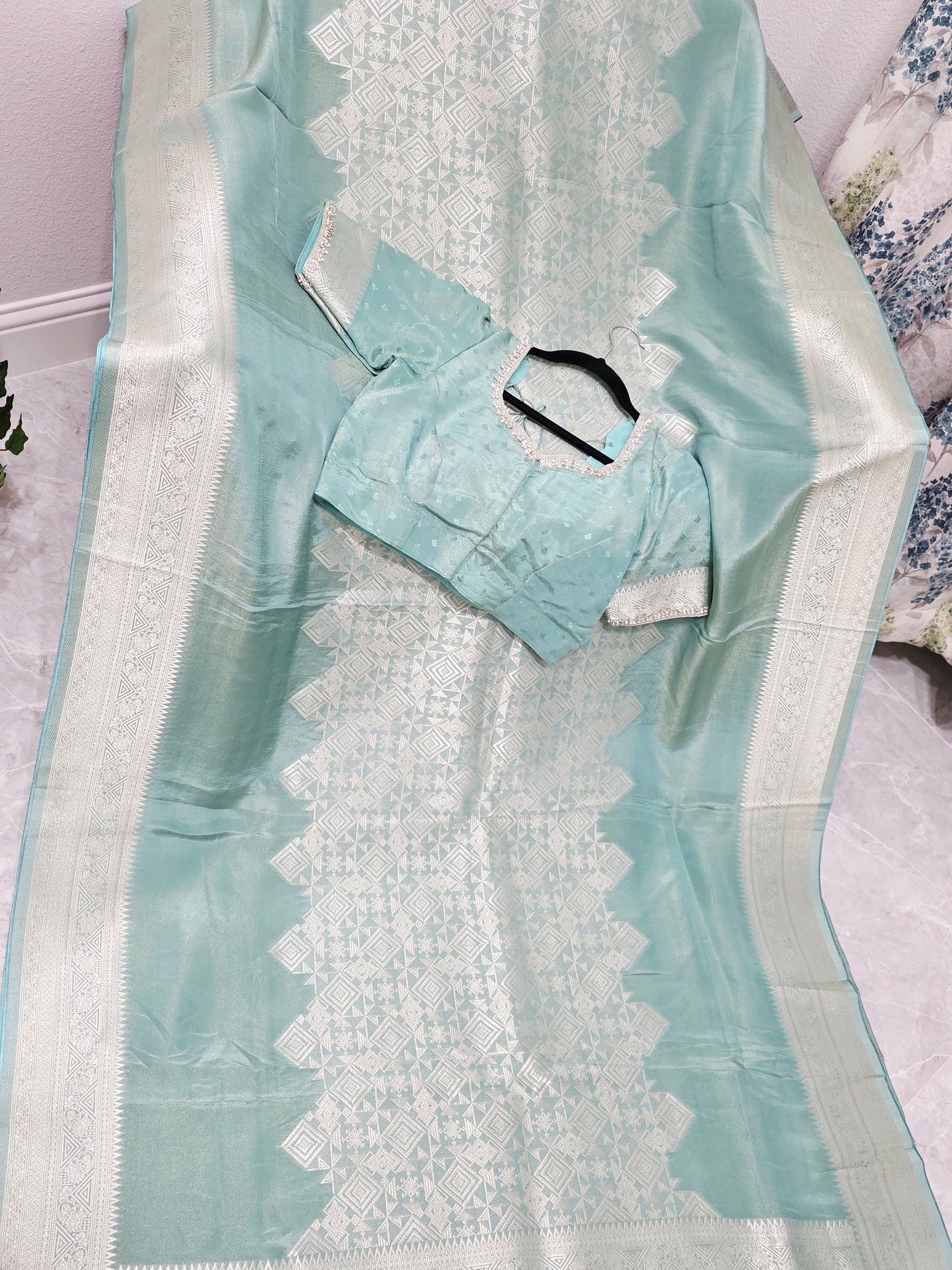 Celestial Mint Gold Geometry Soft Tissue Saree with Stitched Blouse