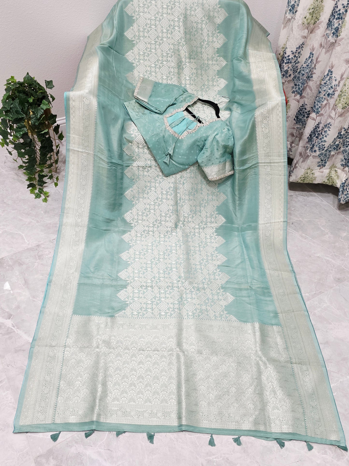 Celestial Mint Gold Geometry Soft Tissue Saree with Stitched Blouse