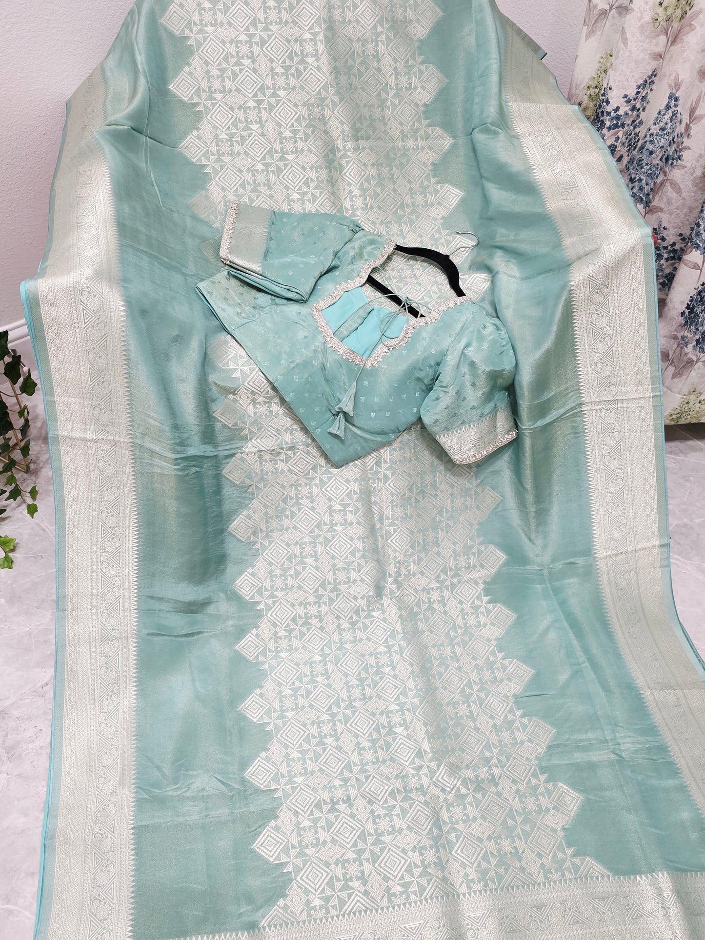 Celestial Mint Gold Geometry Soft Tissue Saree with Stitched Blouse