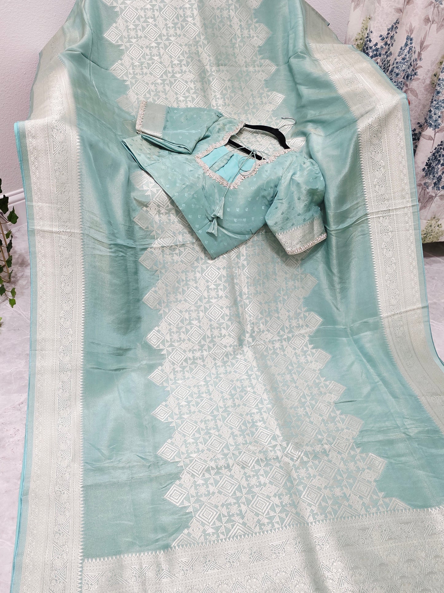 Celestial Mint Gold Geometry Soft Tissue Saree with Stitched Blouse