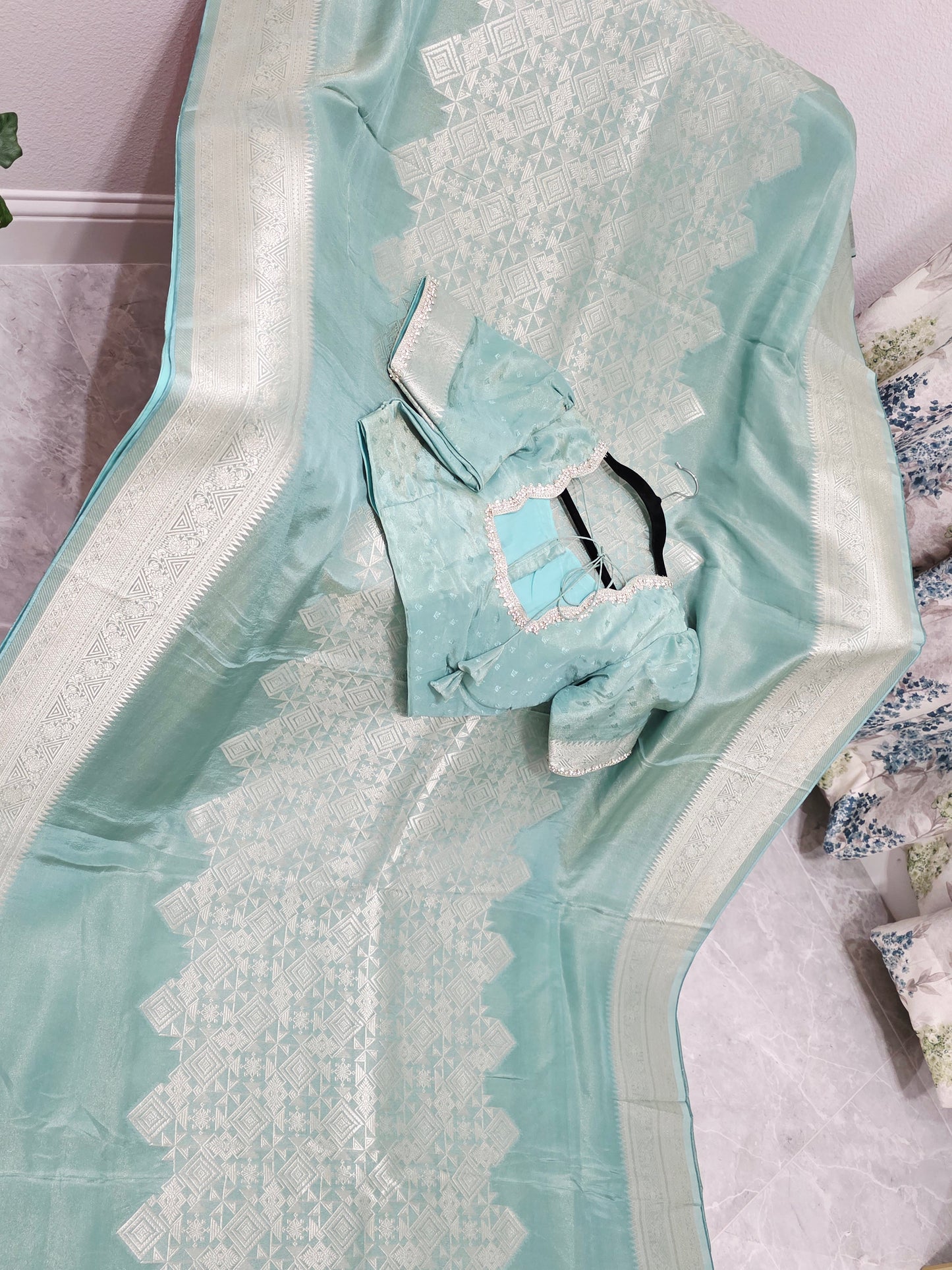 Celestial Mint Gold Geometry Soft Tissue Saree with Stitched Blouse