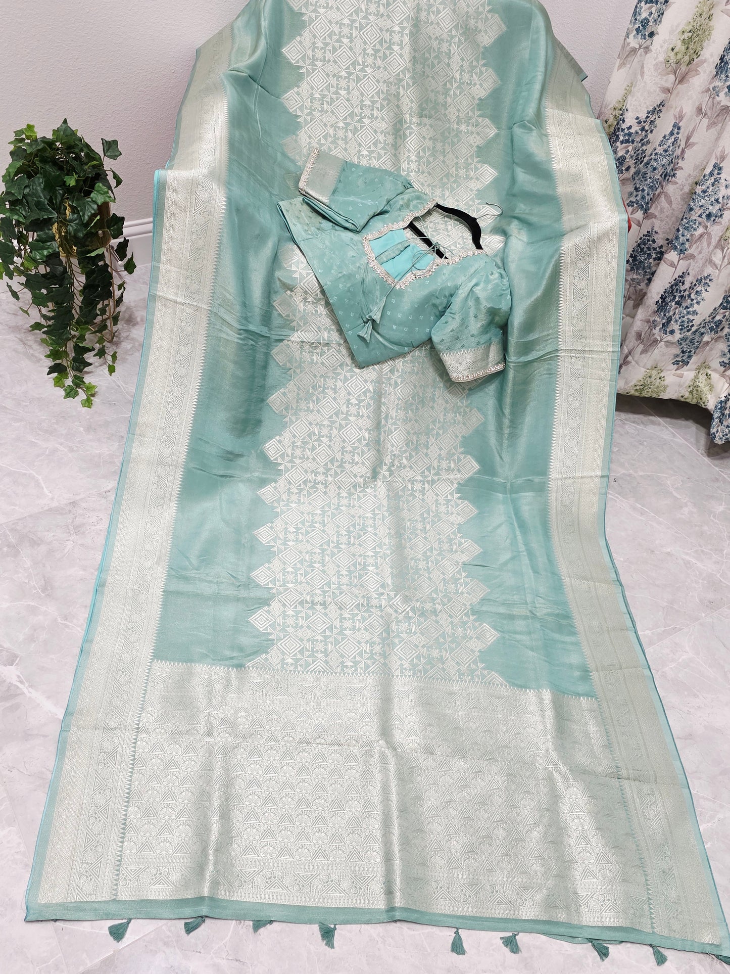 Celestial Mint Gold Geometry Soft Tissue Saree with Stitched Blouse