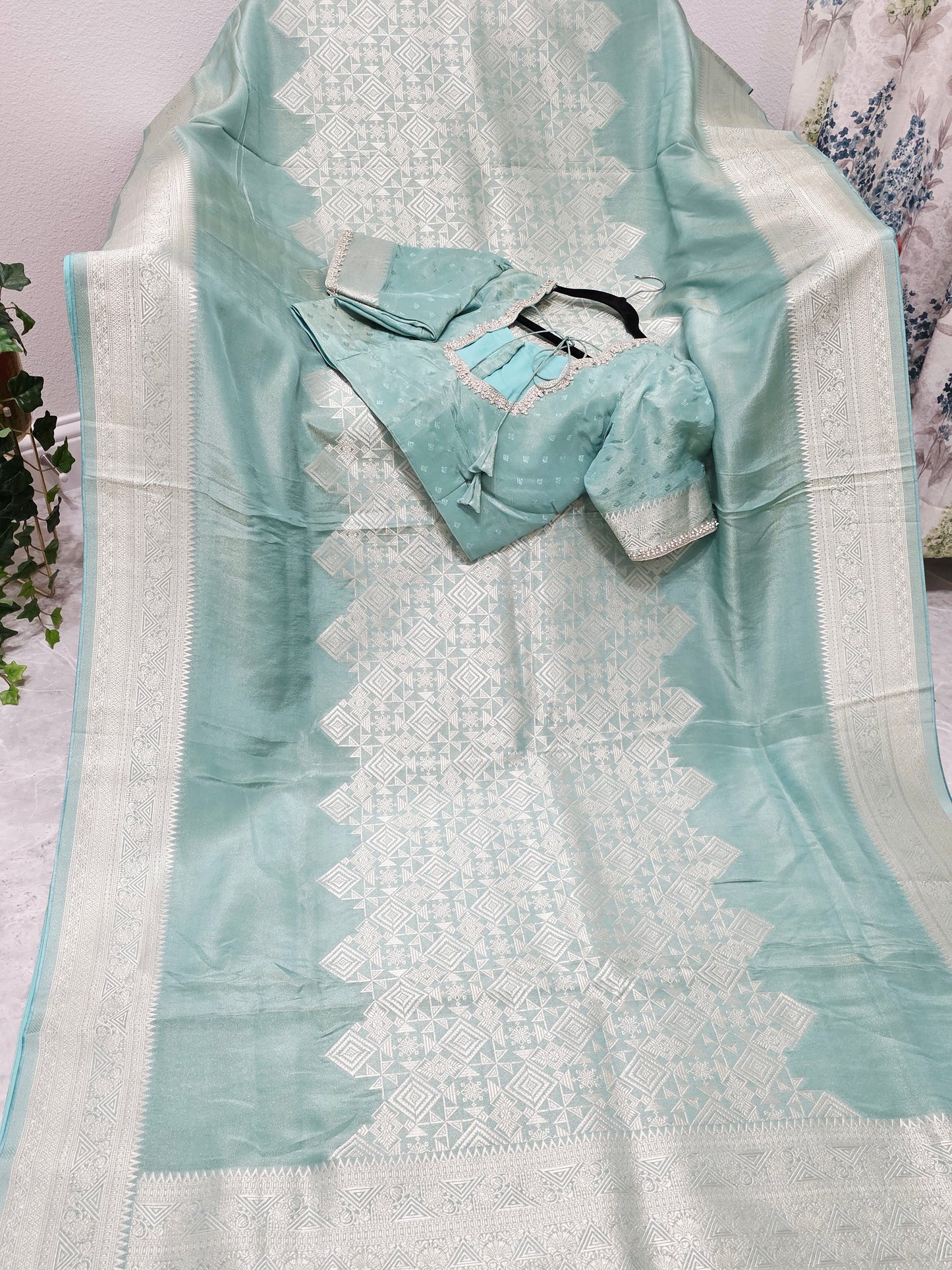 Celestial Mint Gold Geometry Soft Tissue Saree with Stitched Blouse