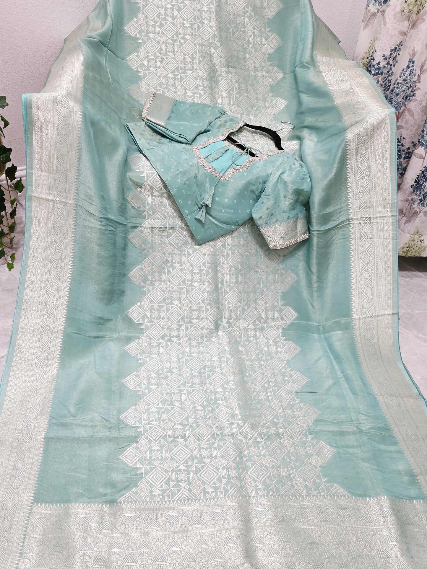Celestial Mint Gold Geometry Soft Tissue Saree with Stitched Blouse
