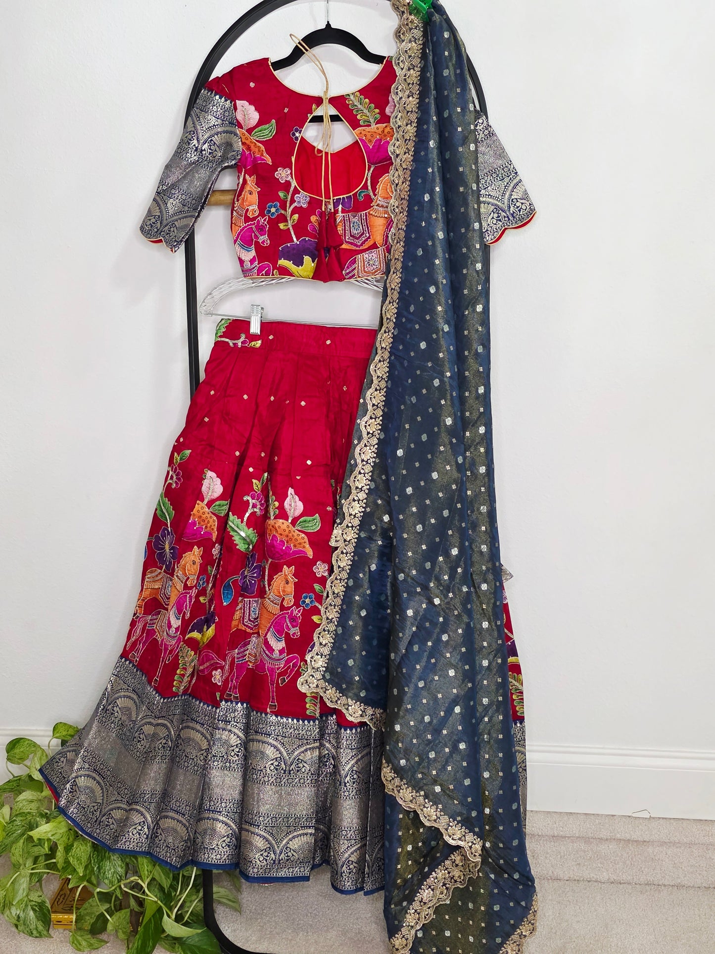 Crimson Royale Kalamkari Munga Crepe Half Saree Lehenga Set with Kanchi Border & Blue Tissue Dupatta