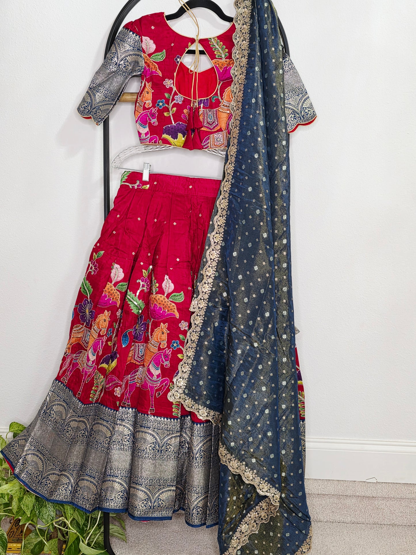 Crimson Royale Kalamkari Munga Crepe Half Saree Lehenga Set with Kanchi Border & Blue Tissue Dupatta