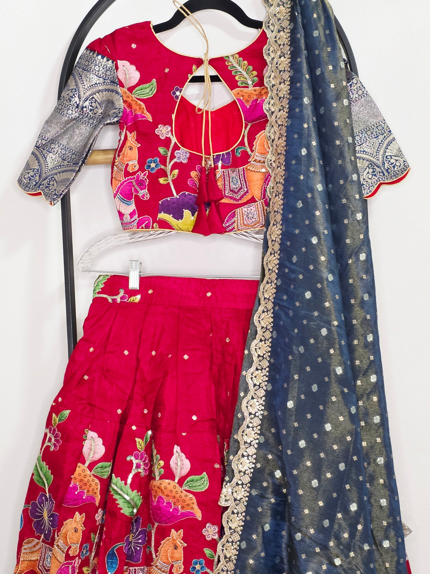 Crimson Royale Kalamkari Munga Crepe Half Saree Lehenga Set with Kanchi Border & Blue Tissue Dupatta