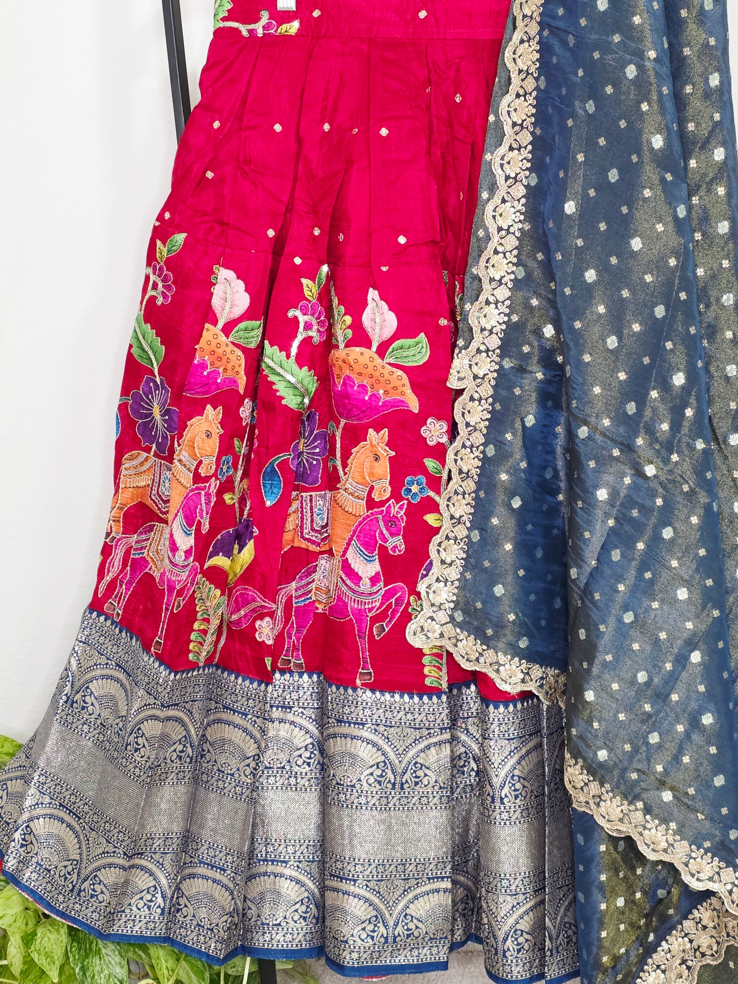 Crimson Royale Kalamkari Munga Crepe Half Saree Lehenga Set with Kanchi Border & Blue Tissue Dupatta