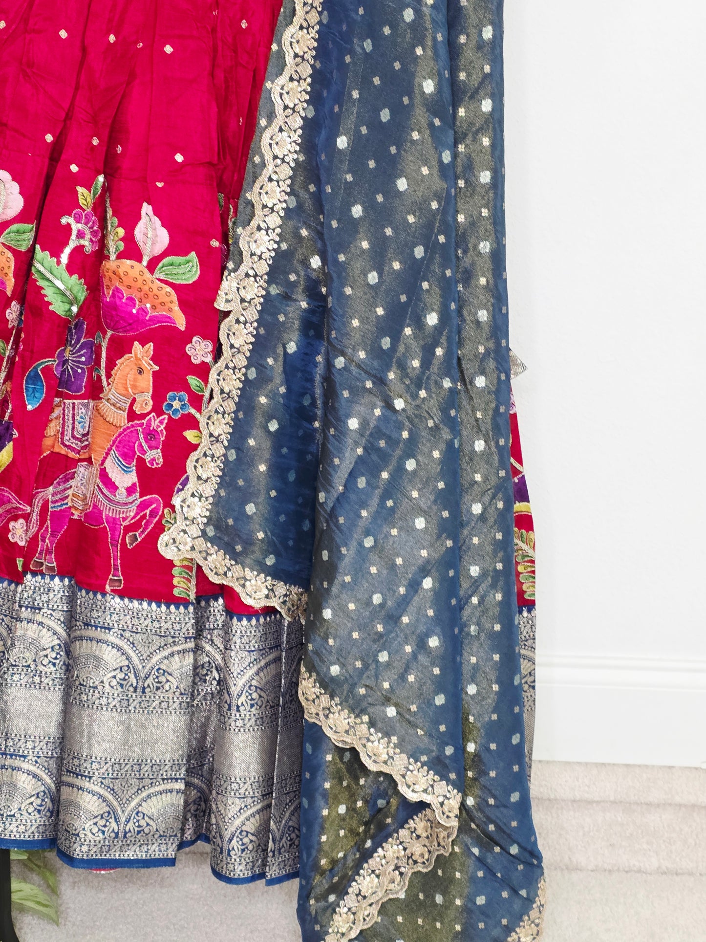 Crimson Royale Kalamkari Munga Crepe Half Saree Lehenga Set with Kanchi Border & Blue Tissue Dupatta