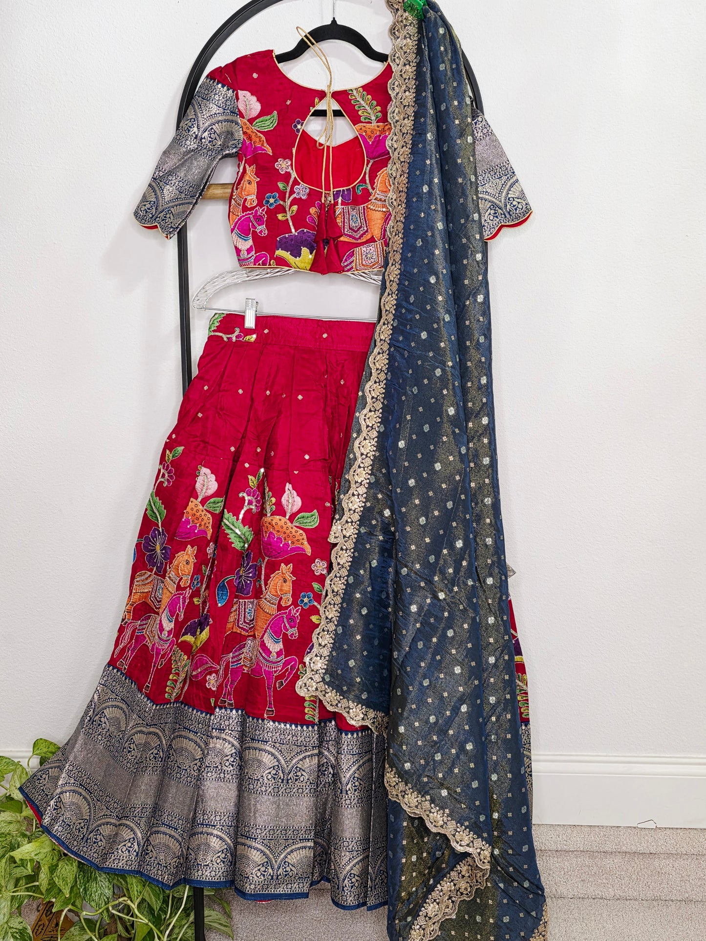 Crimson Royale Kalamkari Munga Crepe Half Saree Lehenga Set with Kanchi Border & Blue Tissue Dupatta