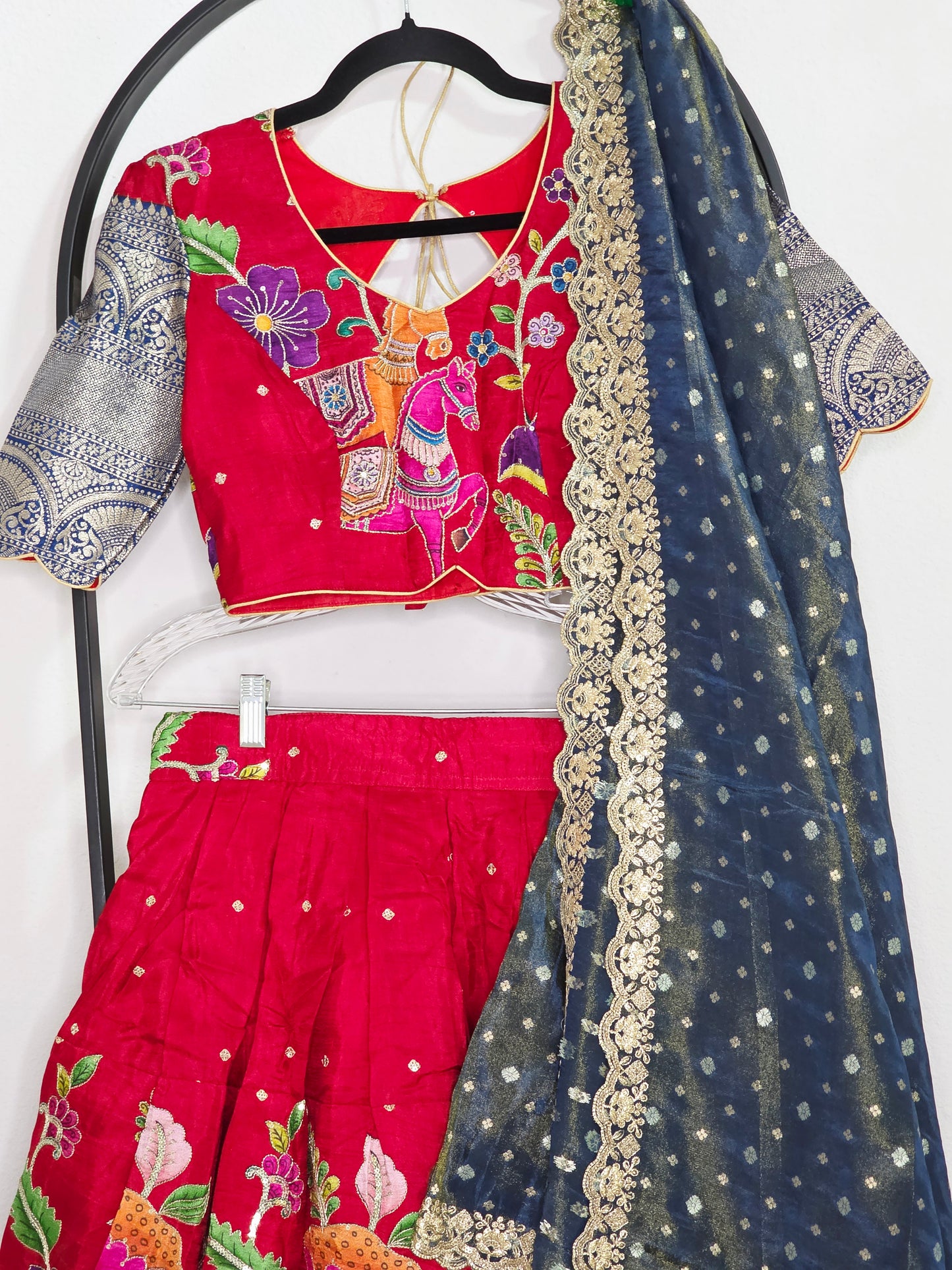 Crimson Royale Kalamkari Munga Crepe Half Saree Lehenga Set with Kanchi Border & Blue Tissue Dupatta