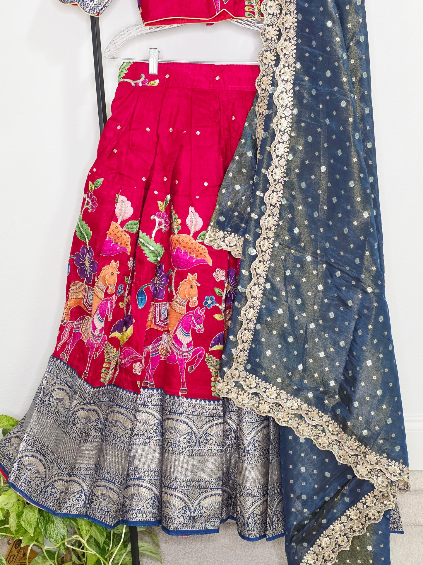 Crimson Royale Kalamkari Munga Crepe Half Saree Lehenga Set with Kanchi Border & Blue Tissue Dupatta