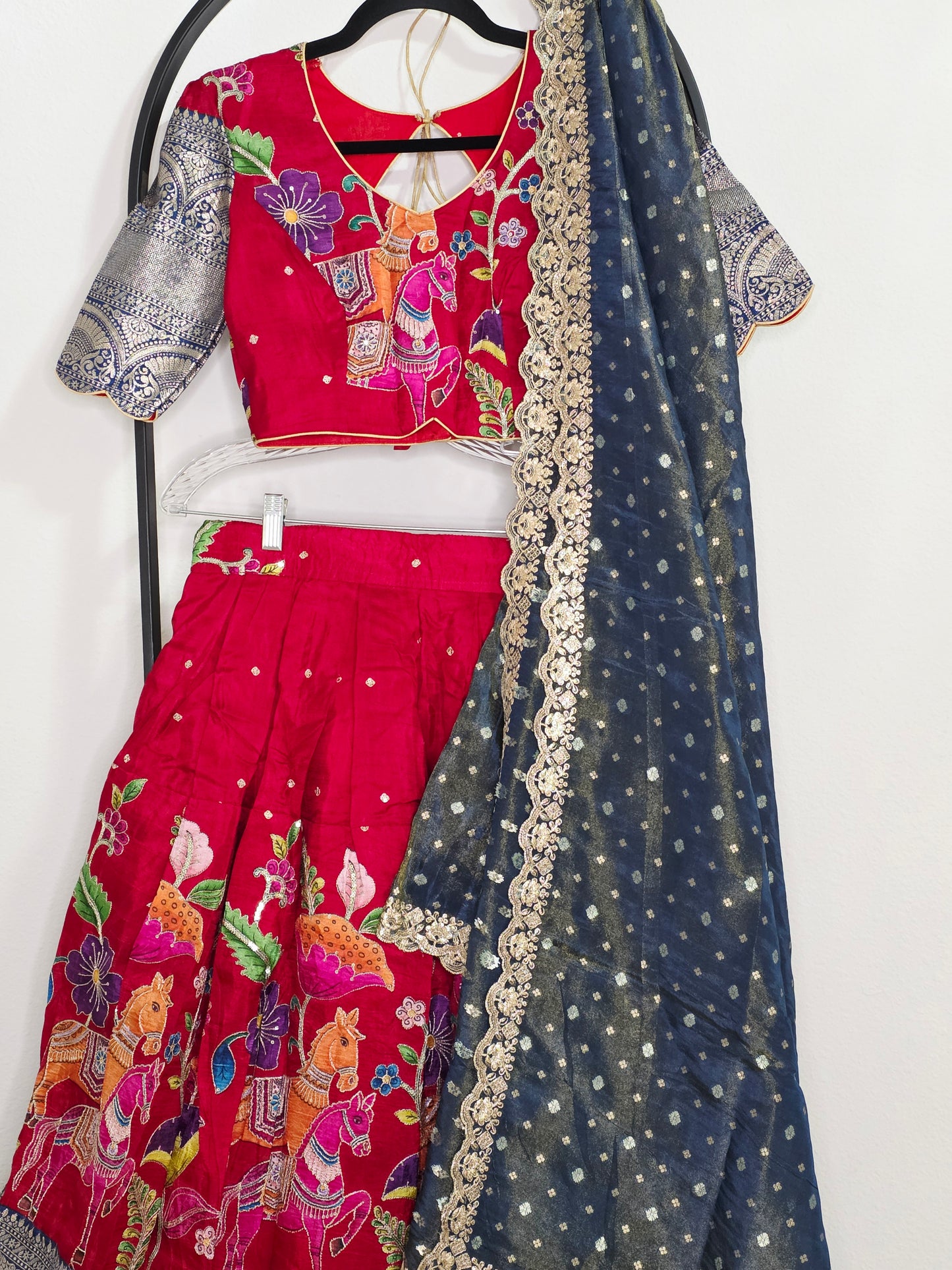 Crimson Royale Kalamkari Munga Crepe Half Saree Lehenga Set with Kanchi Border & Blue Tissue Dupatta