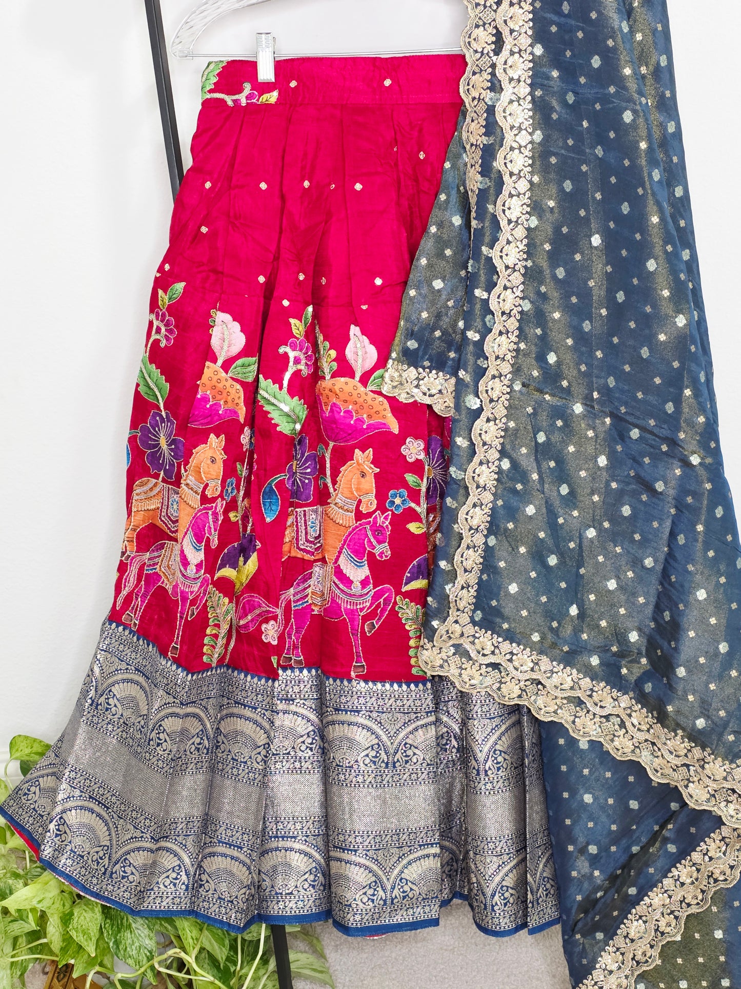 Crimson Royale Kalamkari Munga Crepe Half Saree Lehenga Set with Kanchi Border & Blue Tissue Dupatta