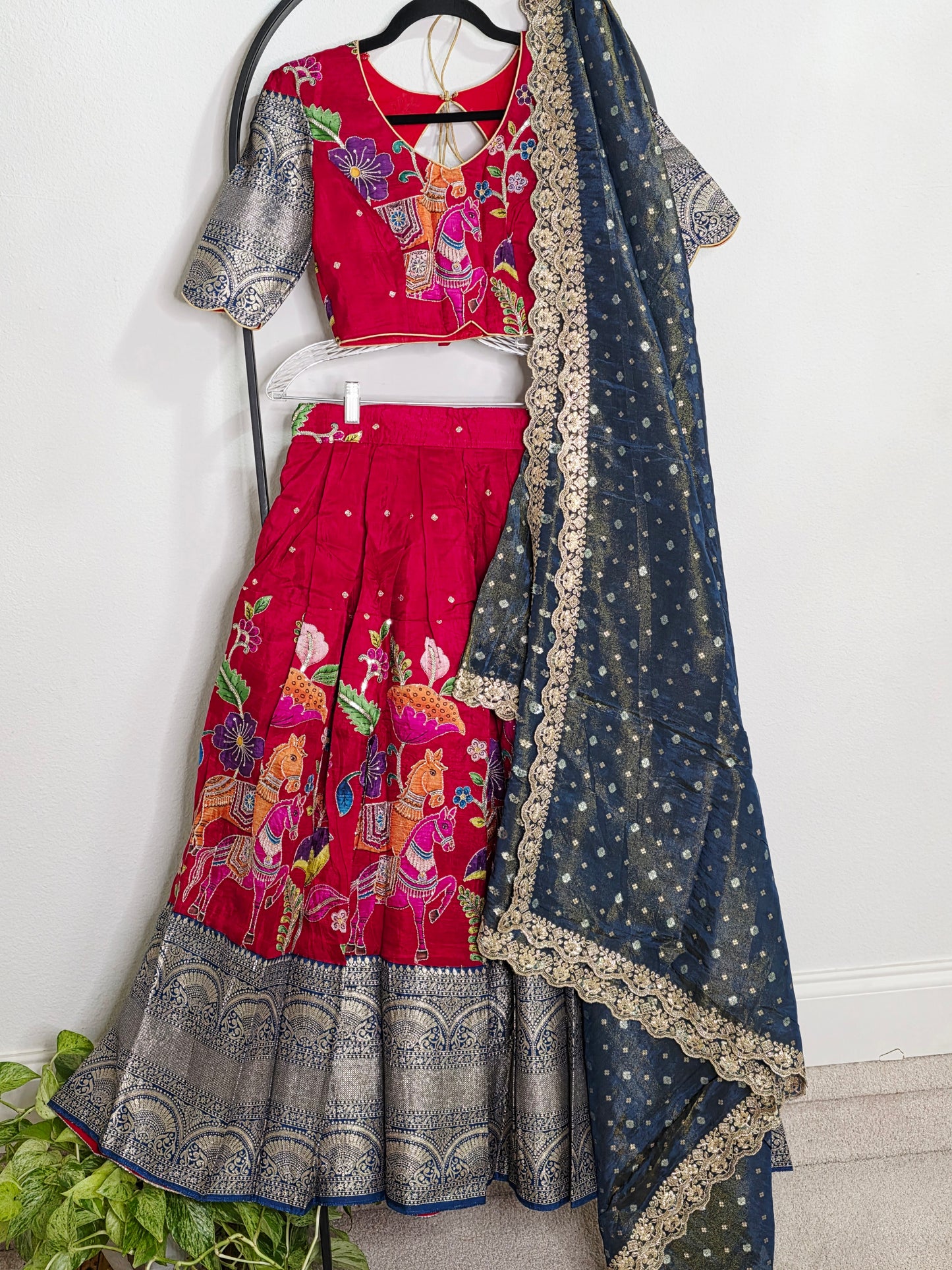 Crimson Royale Kalamkari Munga Crepe Half Saree Lehenga Set with Kanchi Border & Blue Tissue Dupatta