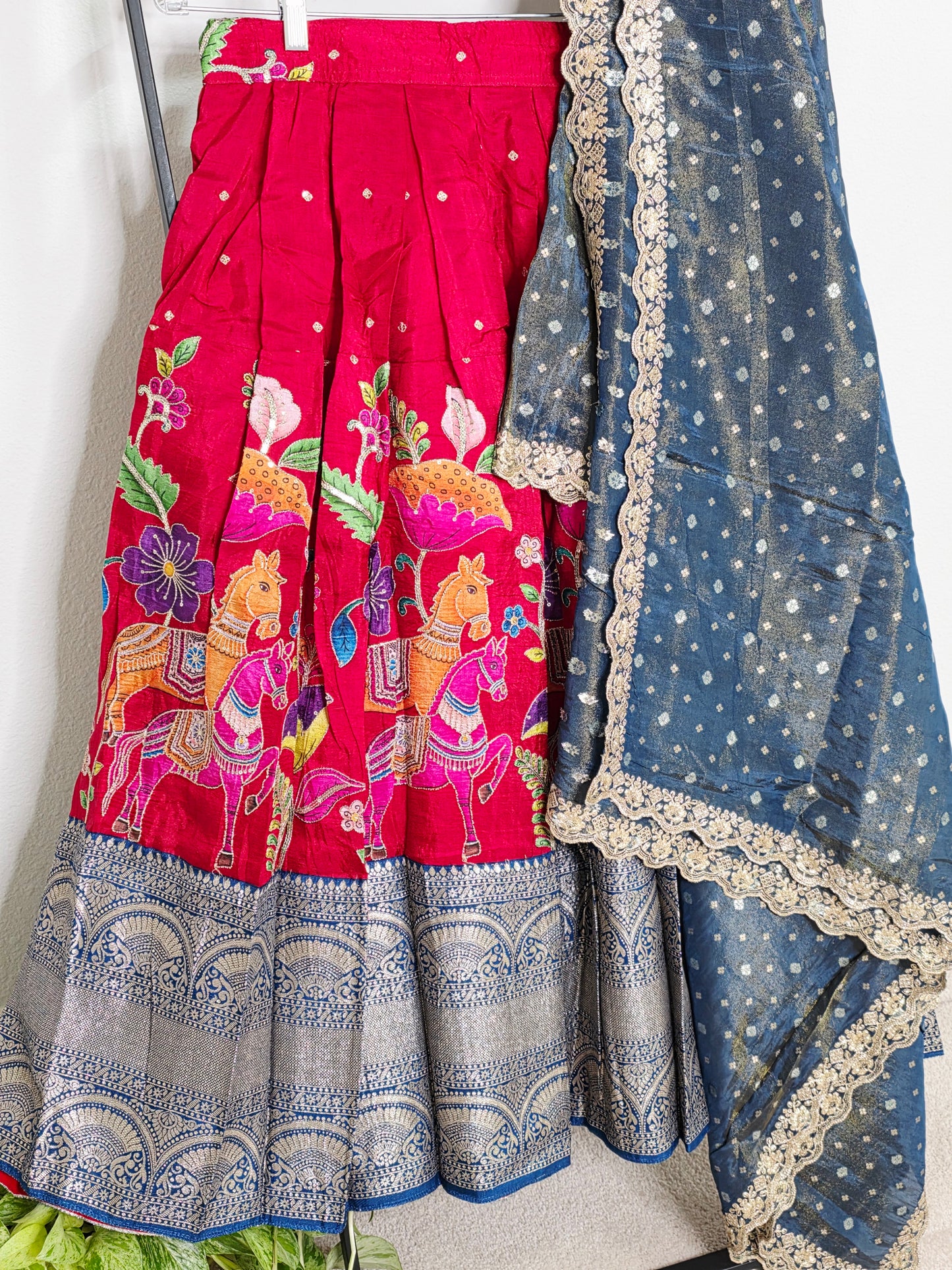 Crimson Royale Kalamkari Munga Crepe Half Saree Lehenga Set with Kanchi Border & Blue Tissue Dupatta