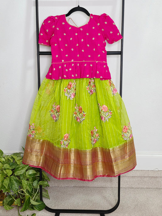 Green Organza Lehenga with Pink Chinnon Chiffon Blouse for Girls (Age 5 – 6)