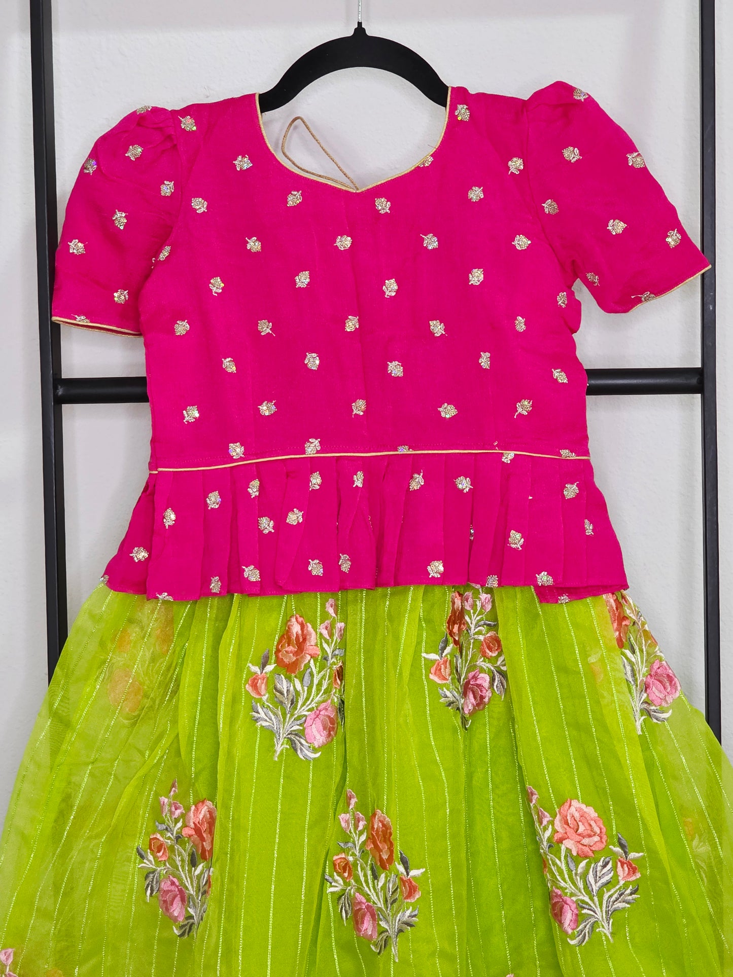 Green Organza Lehenga with Pink Chinnon Chiffon Blouse for Girls (Age 5 – 6)