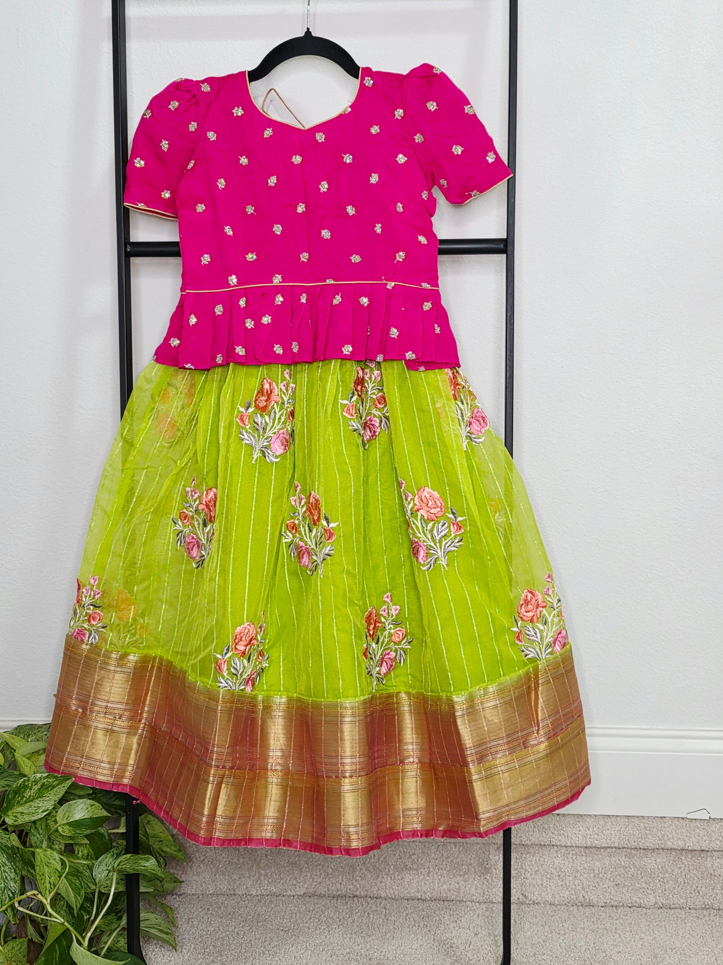 Green Organza Lehenga with Pink Chinnon Chiffon Blouse for Girls (Age 5 – 6)