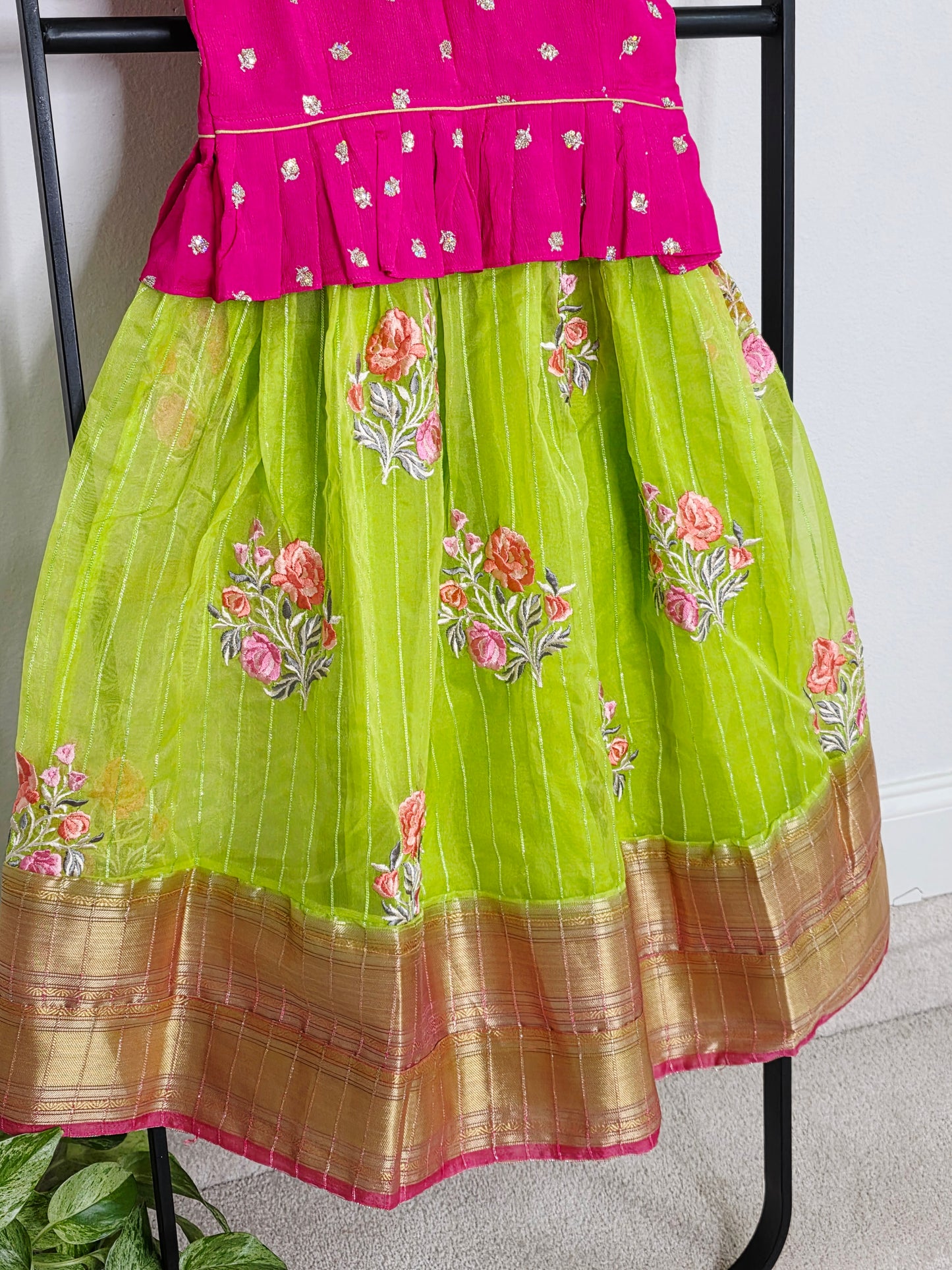 Green Organza Lehenga with Pink Chinnon Chiffon Blouse for Girls (Age 5 – 6)