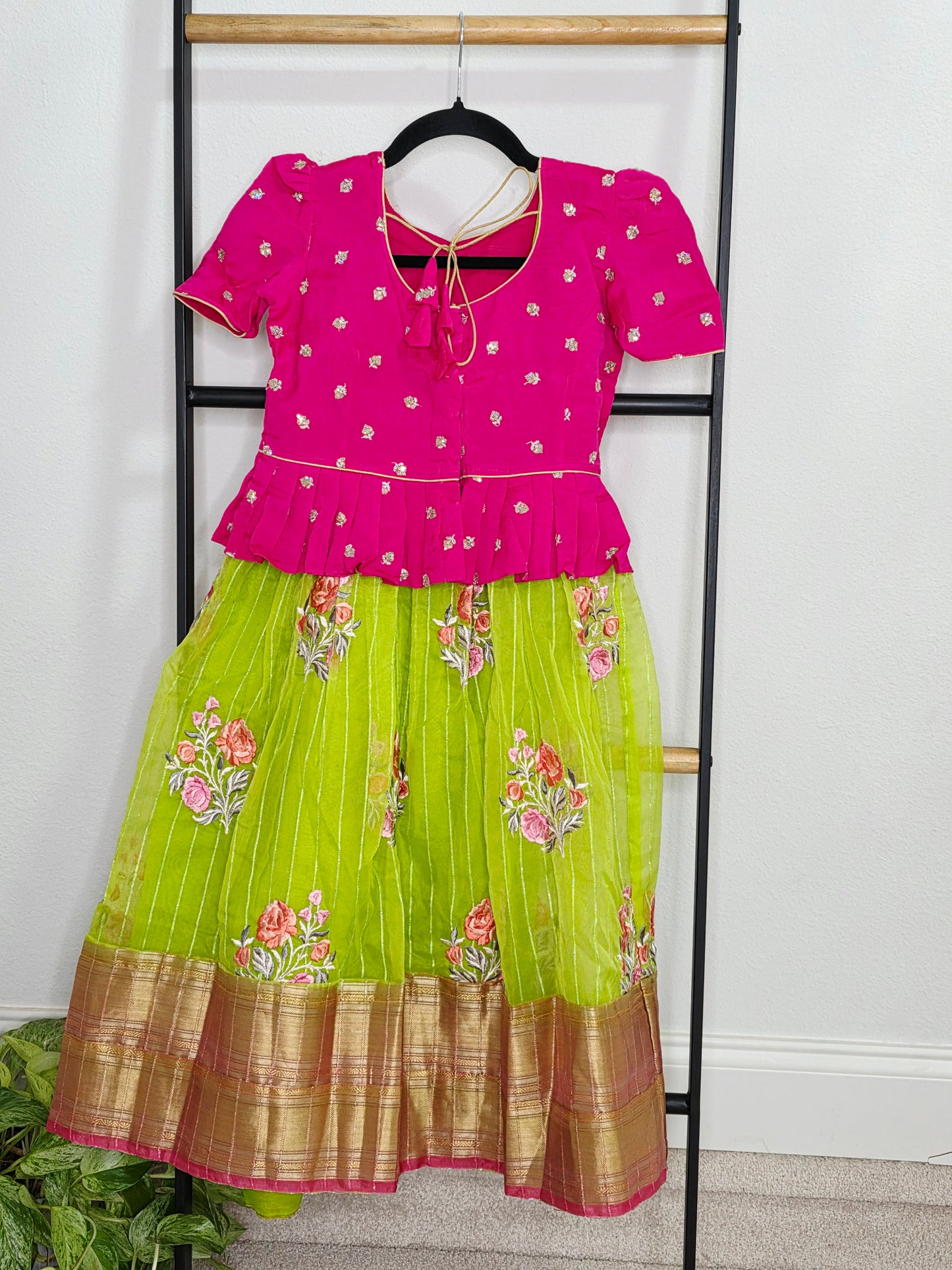 Green Organza Lehenga with Pink Chinnon Chiffon Blouse for Girls (Age 5 – 6)