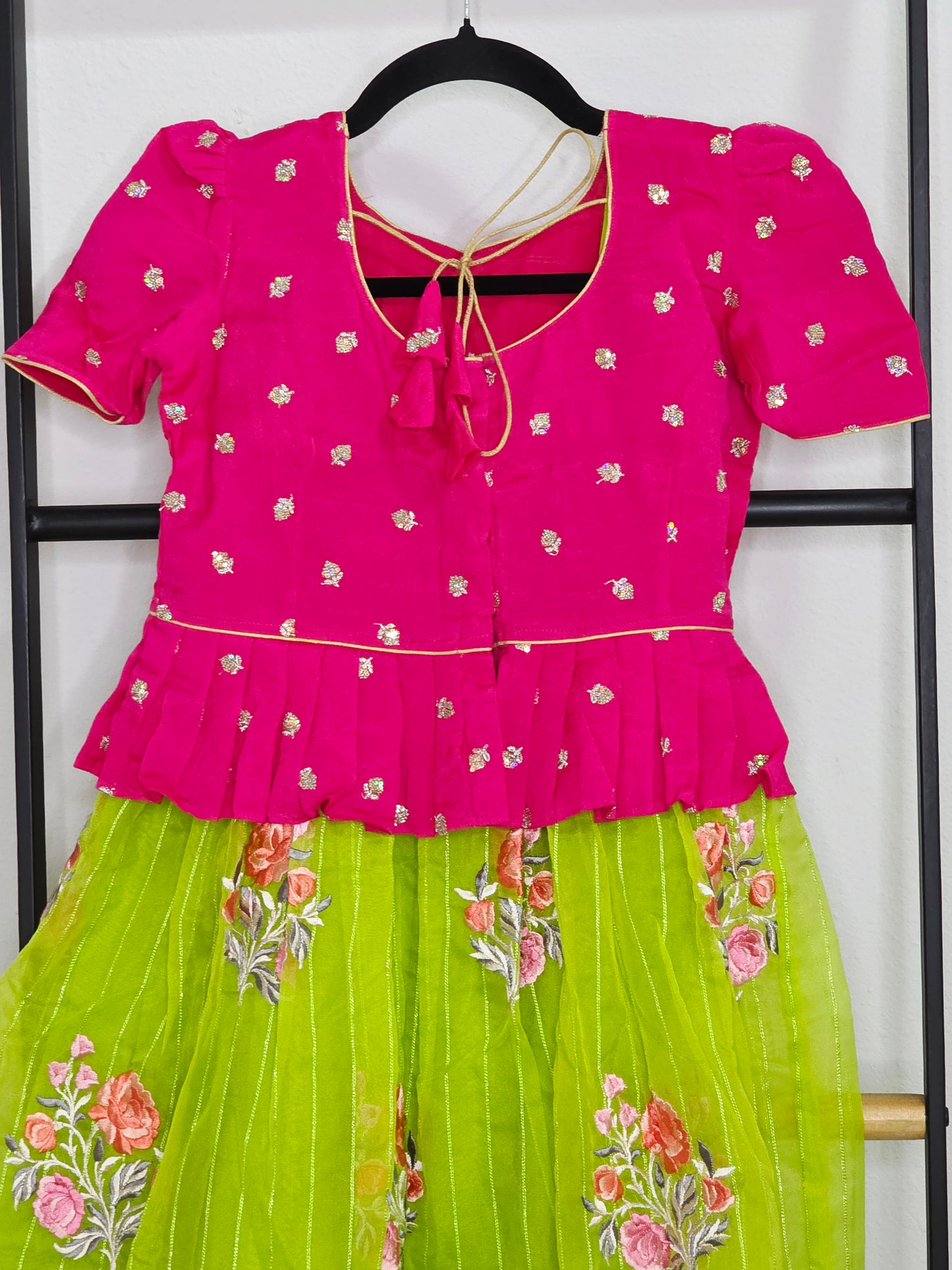 Green Organza Lehenga with Pink Chinnon Chiffon Blouse for Girls (Age 5 – 6)