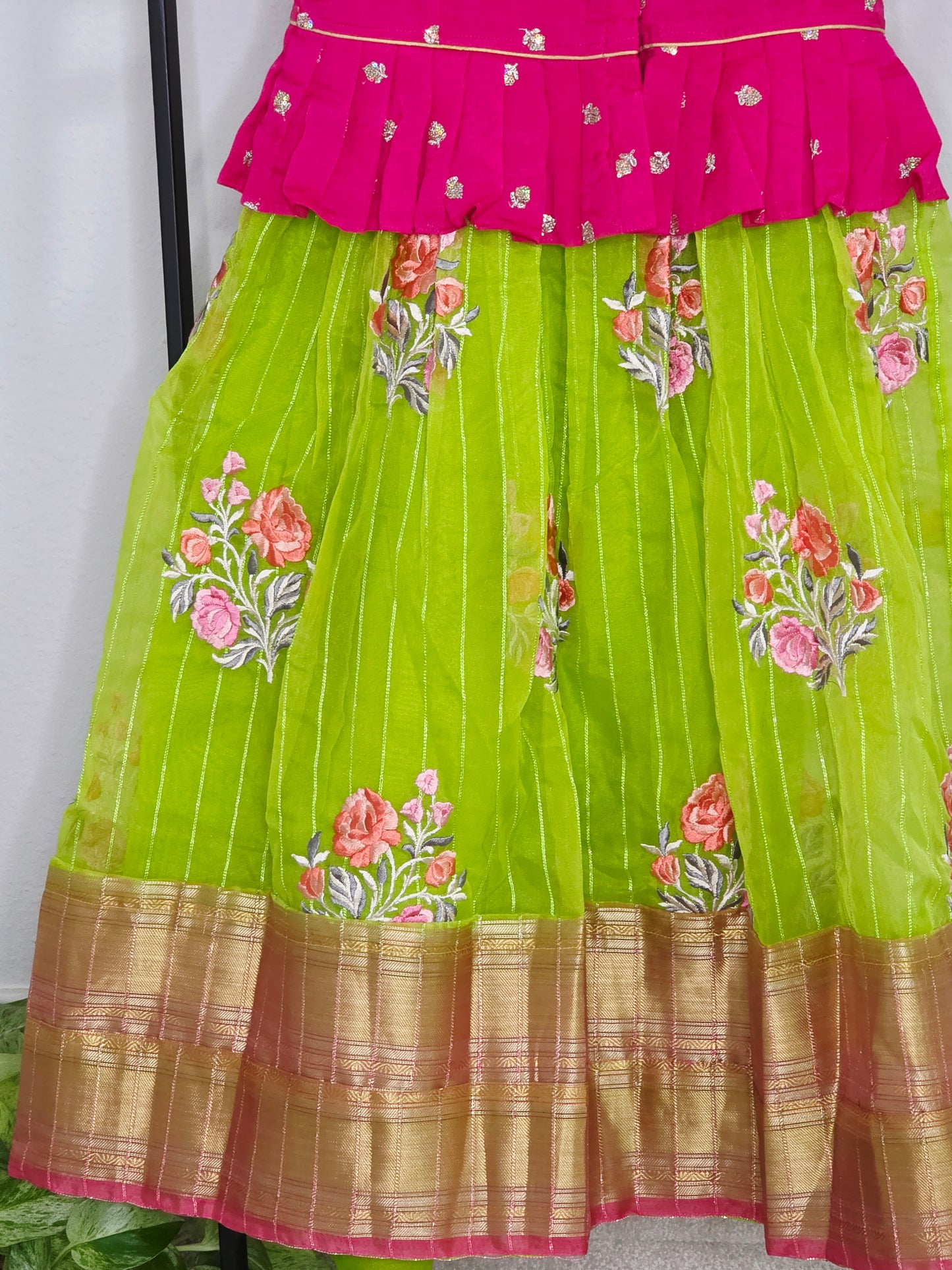 Green Organza Lehenga with Pink Chinnon Chiffon Blouse for Girls (Age 5 – 6)
