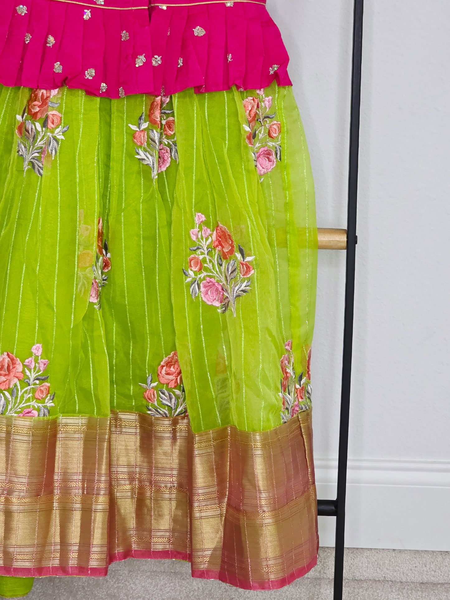 Green Organza Lehenga with Pink Chinnon Chiffon Blouse for Girls (Age 5 – 6)