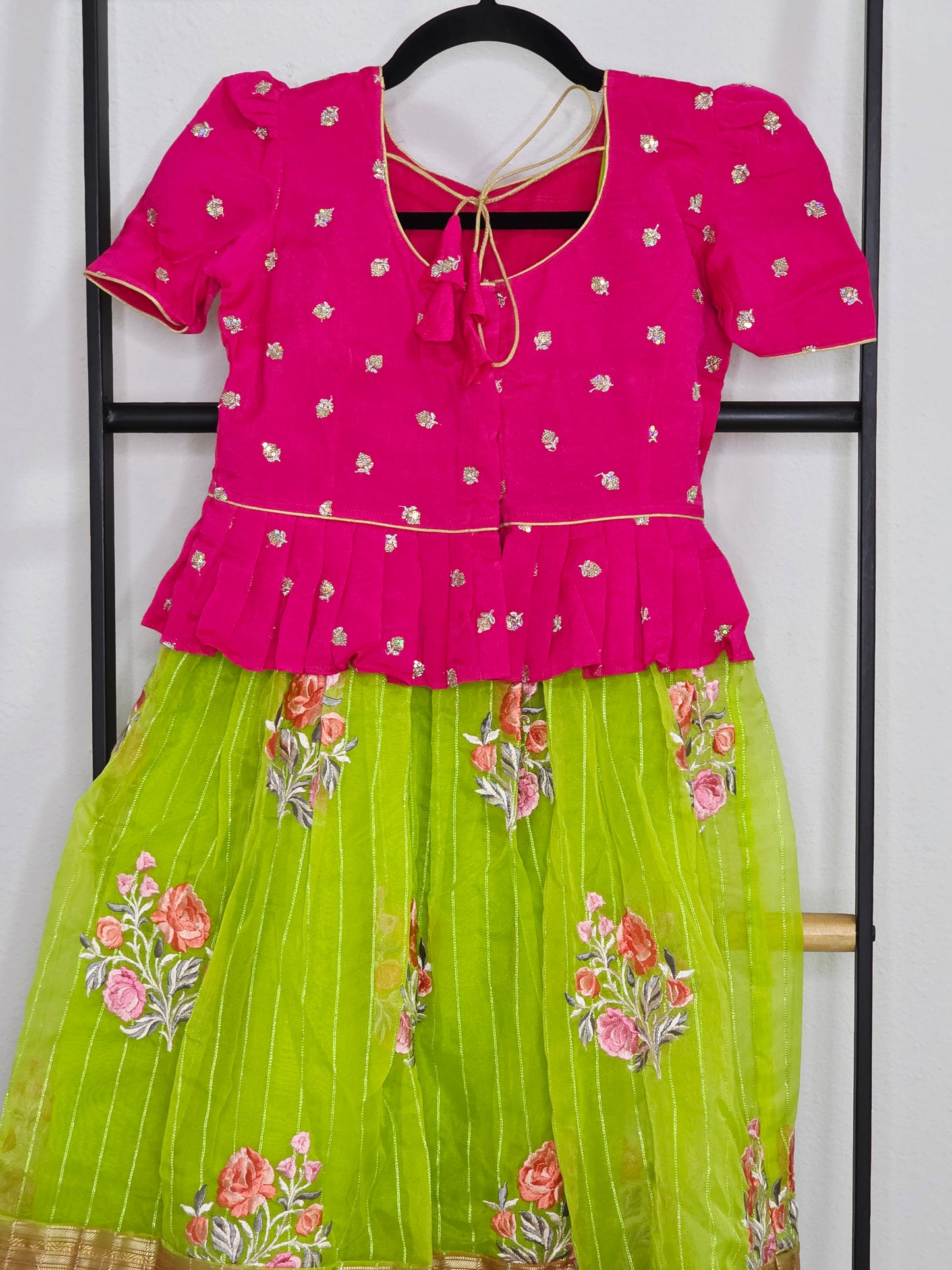 Green Organza Lehenga with Pink Chinnon Chiffon Blouse for Girls (Age 5 – 6)