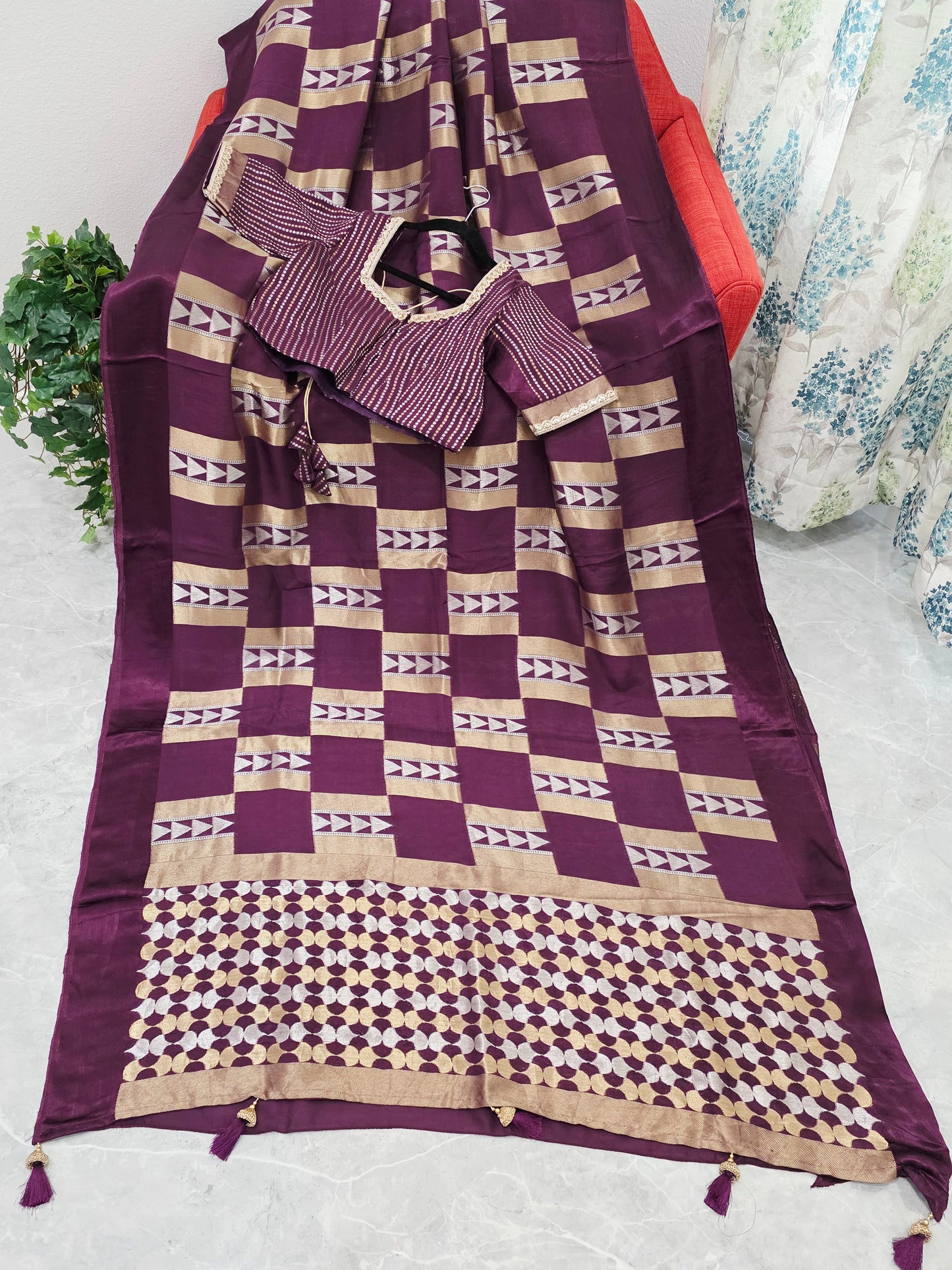 Russian Dola Crepe Silk Saree with Geometric Zari Woven Design & Ready Stitched Blouse Wine