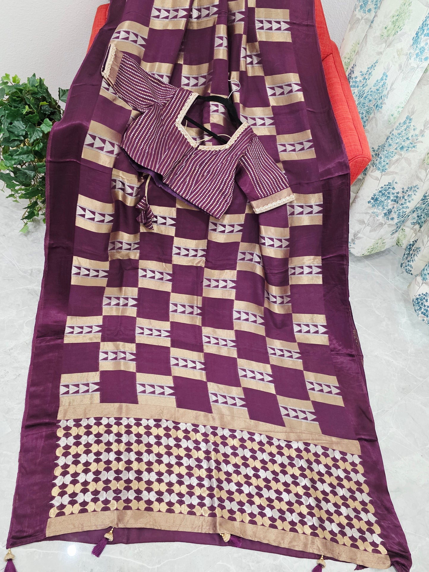 Russian Dola Crepe Silk Saree with Geometric Zari Woven Design & Ready Stitched Blouse Wine