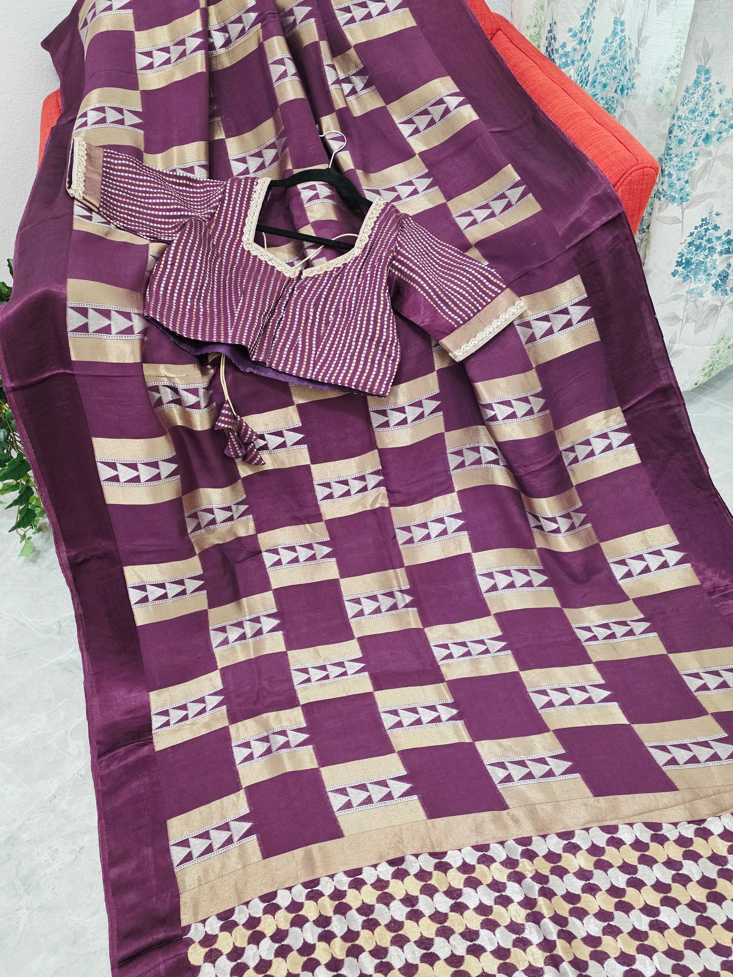 Russian Dola Crepe Silk Saree with Geometric Zari Woven Design & Ready Stitched Blouse Wine