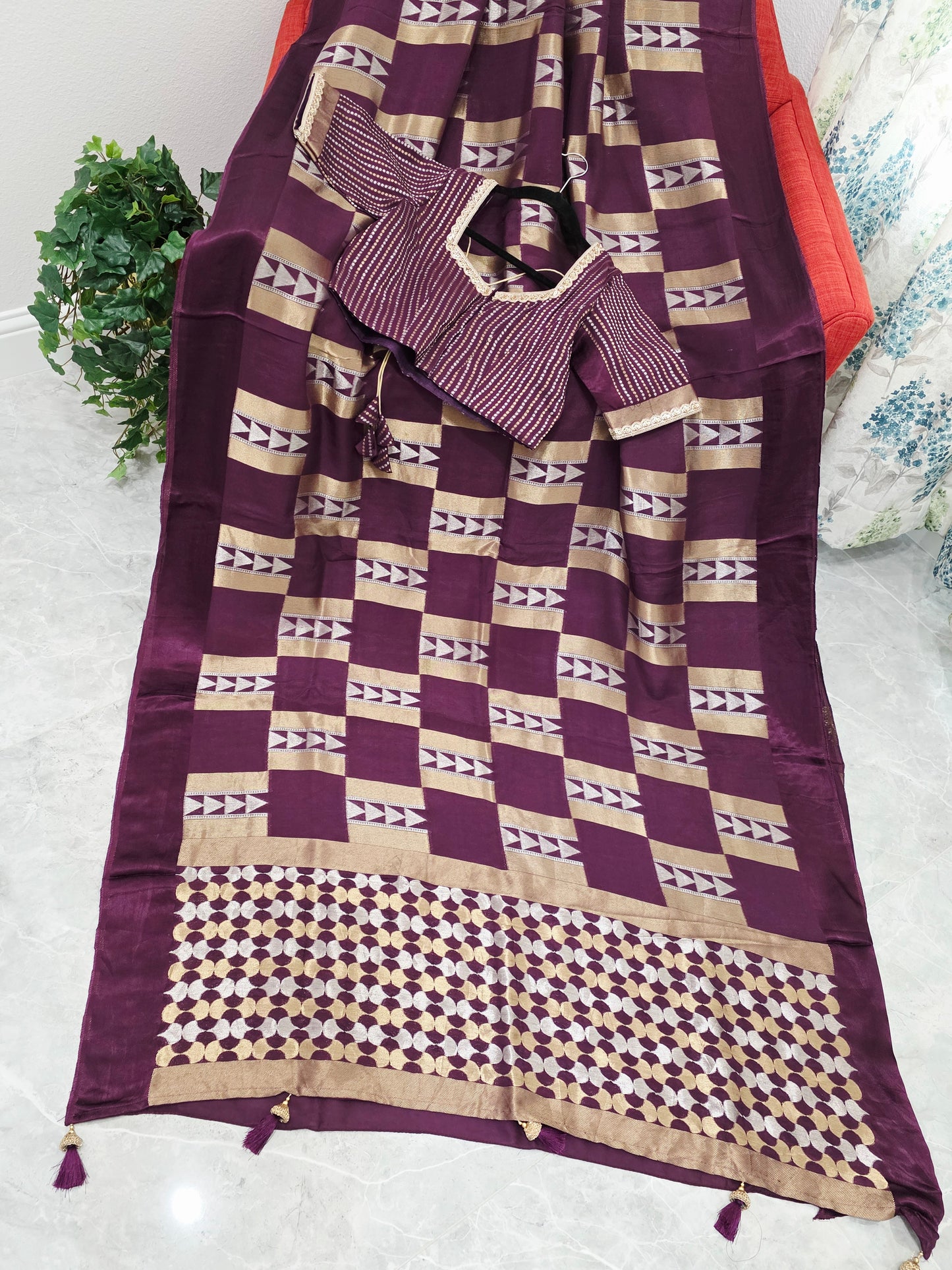 Russian Dola Crepe Silk Saree with Geometric Zari Woven Design & Ready Stitched Blouse Wine