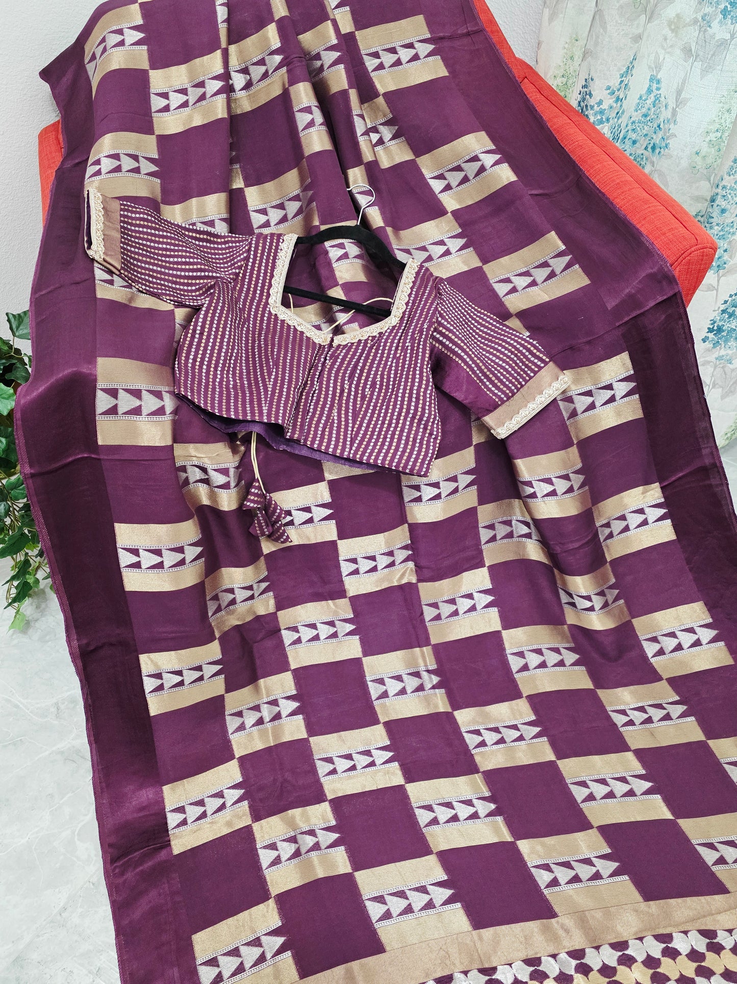 Russian Dola Crepe Silk Saree with Geometric Zari Woven Design & Ready Stitched Blouse Wine