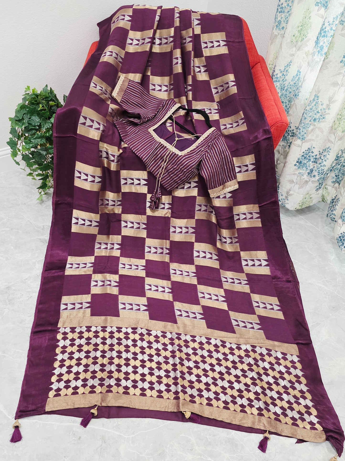 Russian Dola Crepe Silk Saree with Geometric Zari Woven Design & Ready Stitched Blouse Wine