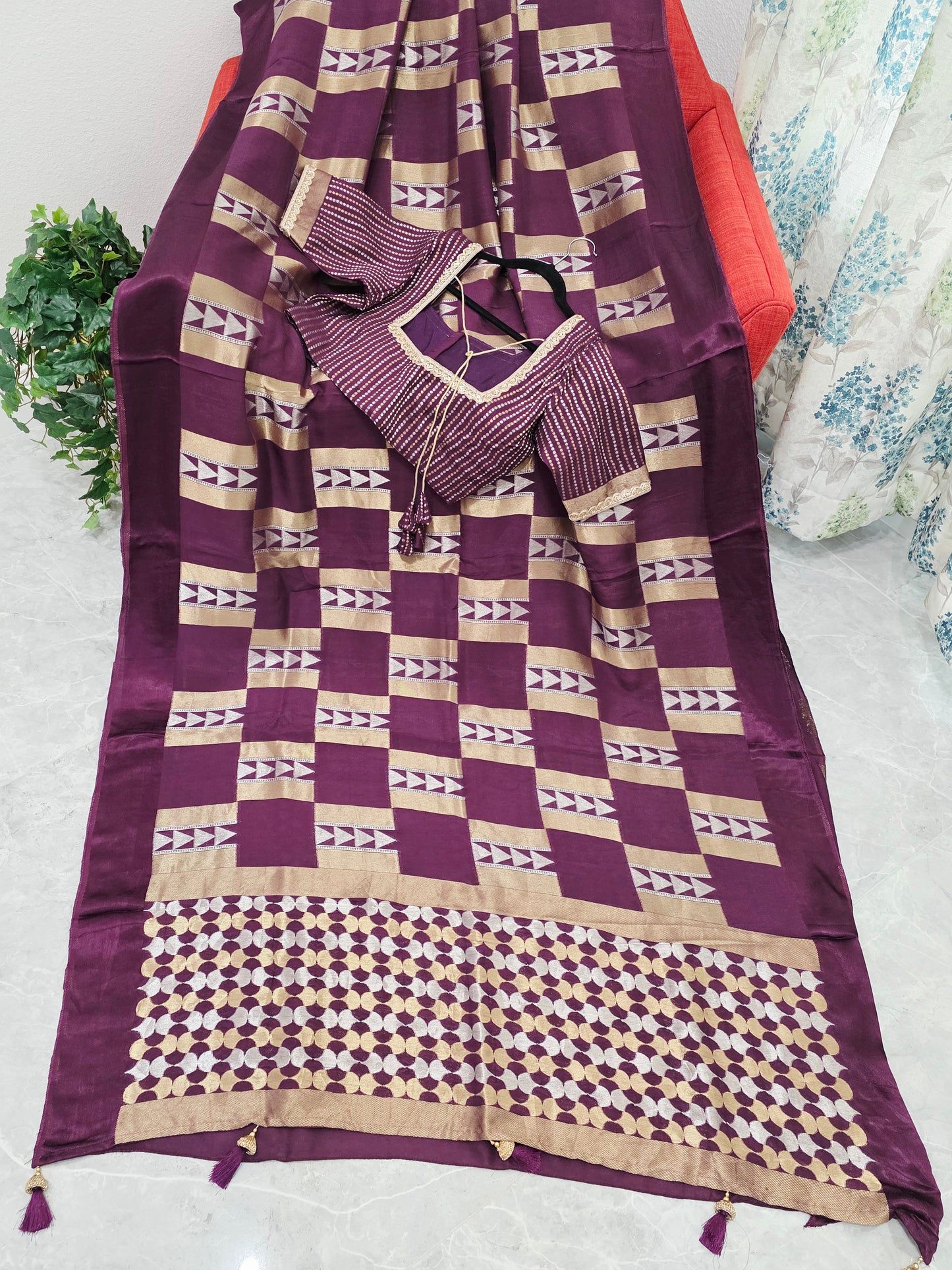 Russian Dola Crepe Silk Saree with Geometric Zari Woven Design & Ready Stitched Blouse Wine