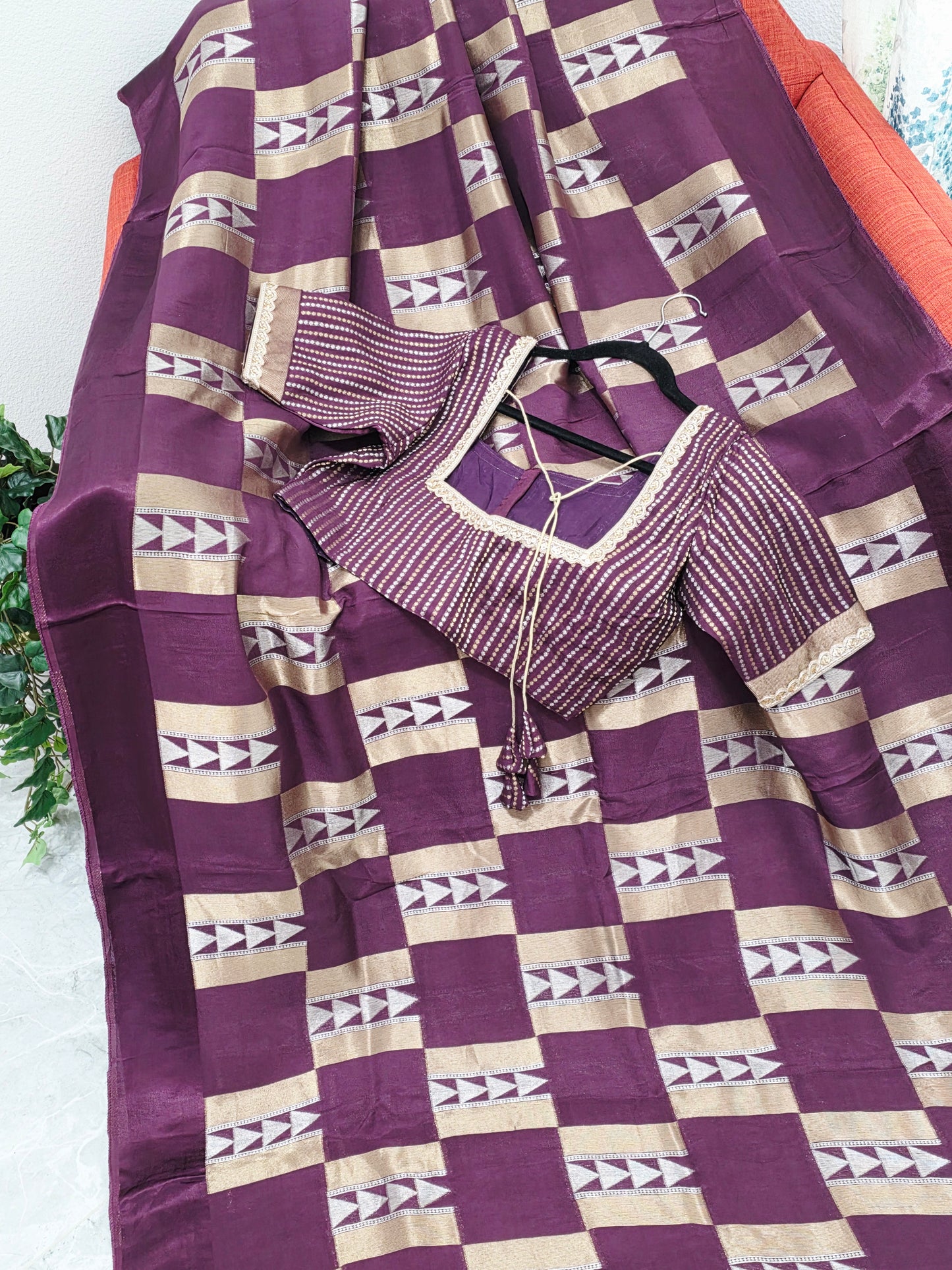 Russian Dola Crepe Silk Saree with Geometric Zari Woven Design & Ready Stitched Blouse Wine