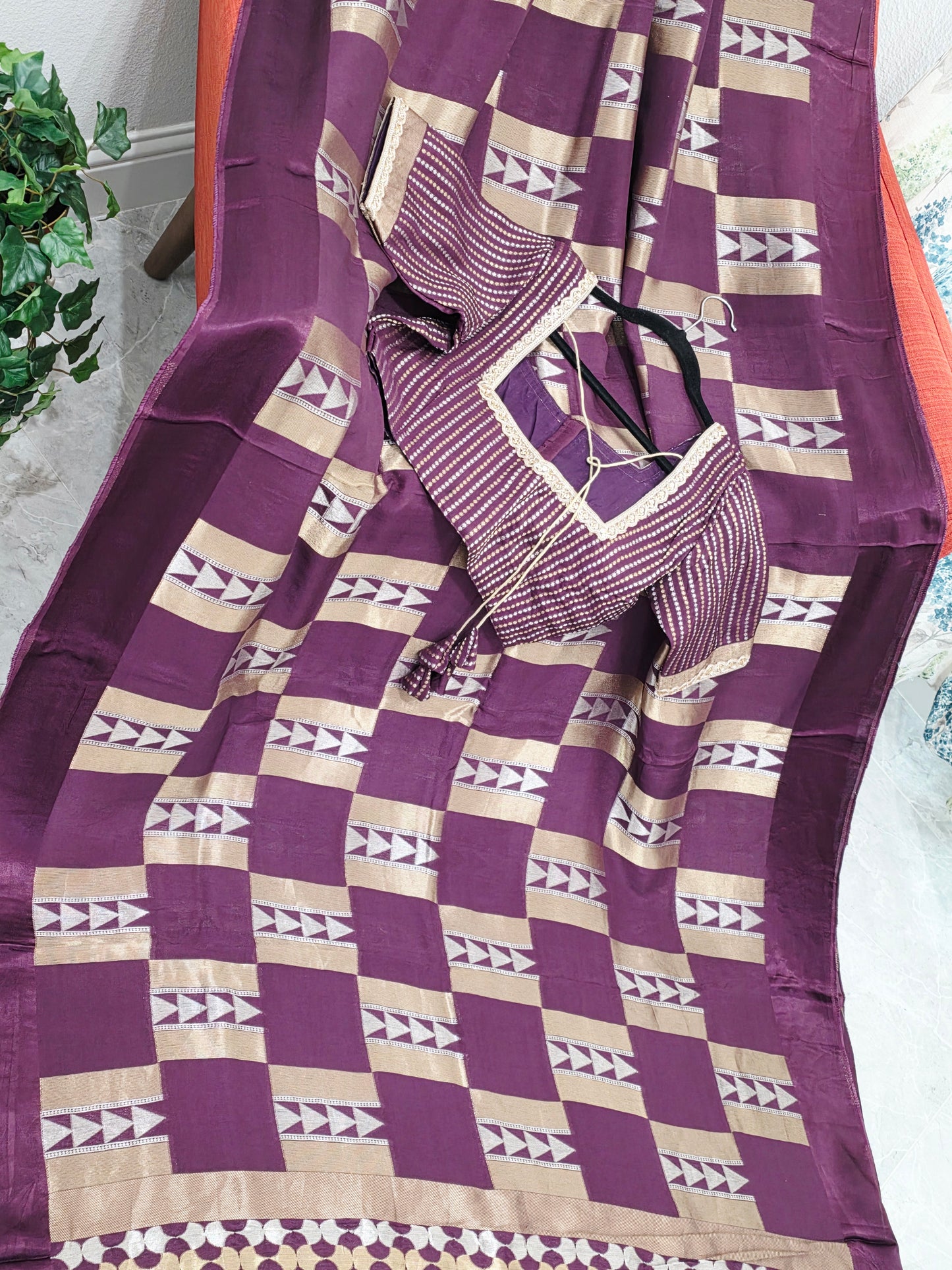 Russian Dola Crepe Silk Saree with Geometric Zari Woven Design & Ready Stitched Blouse Wine