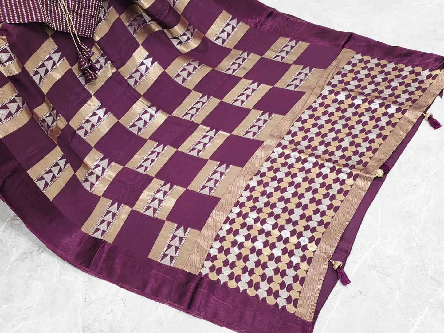 Russian Dola Crepe Silk Saree with Geometric Zari Woven Design & Ready Stitched Blouse Wine