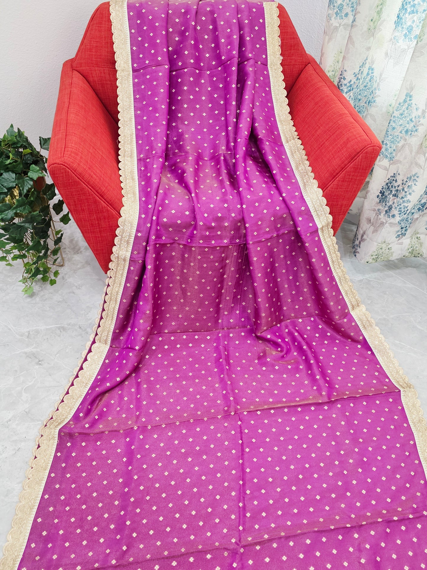 Royal Orchid Magenta Tissue Saree with Butta & Lace
