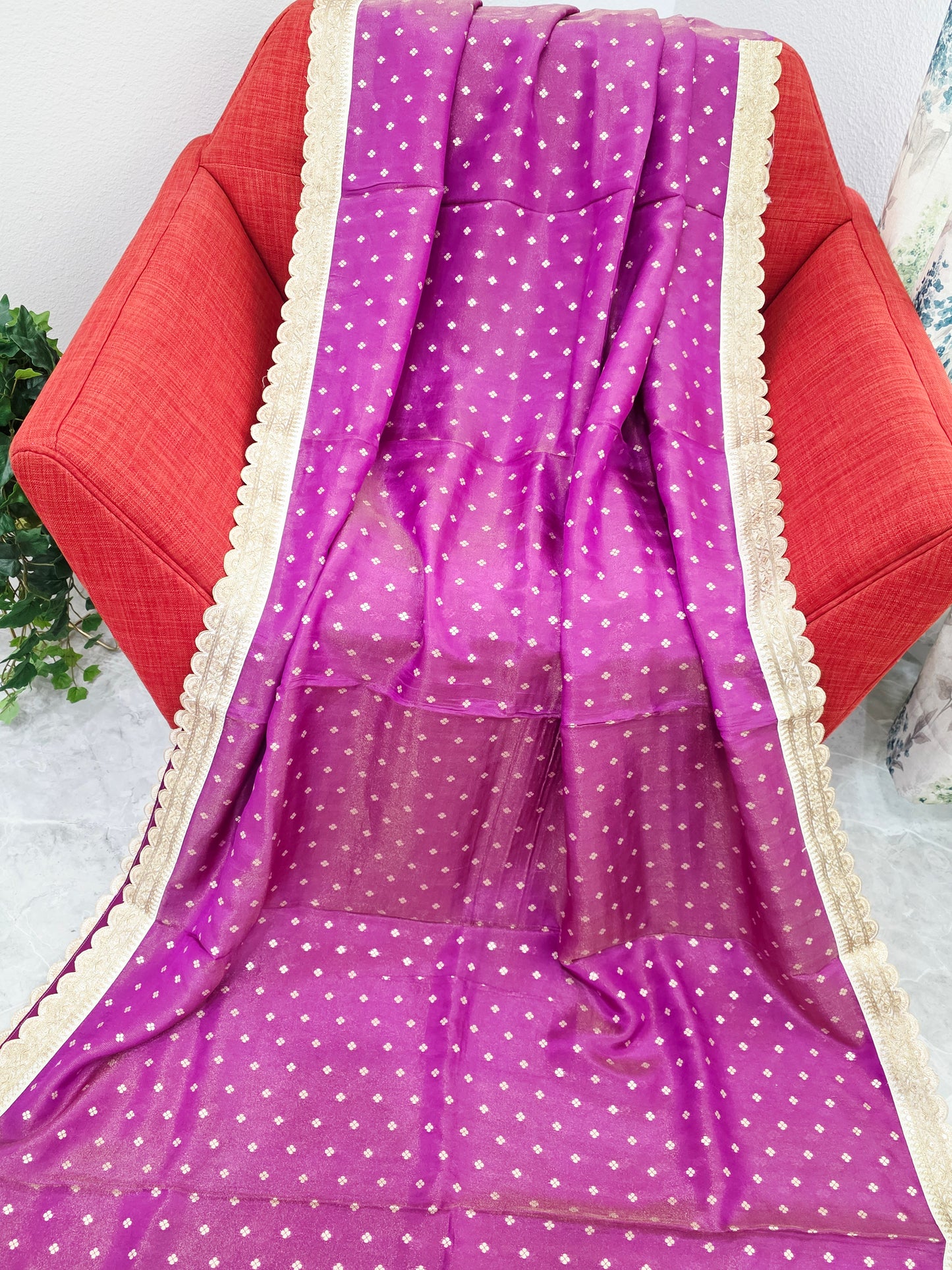 Royal Orchid Magenta Tissue Saree with Butta & Lace