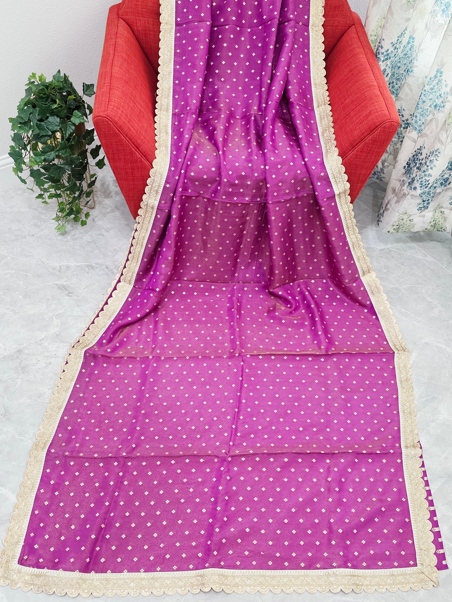 Royal Orchid Magenta Tissue Saree with Butta & Lace