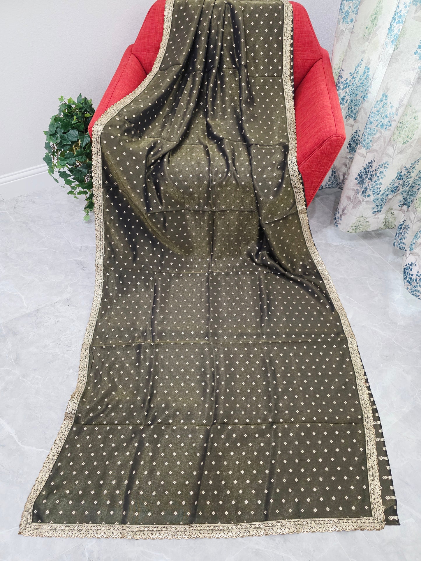 Luxury olive gold tissue saree with delicate all over butta and lace border
