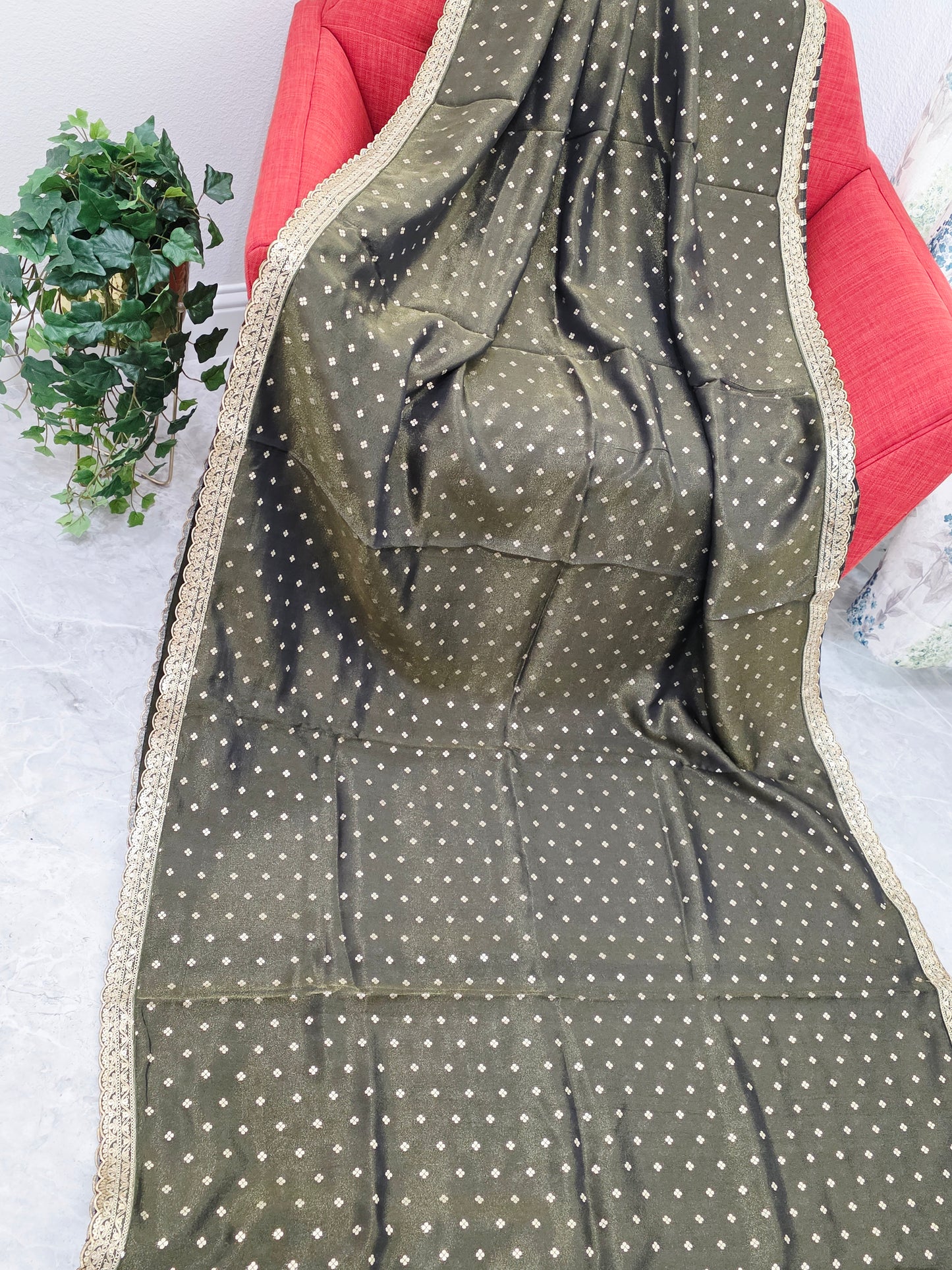 Luxury olive gold tissue saree with delicate all over butta and lace border
