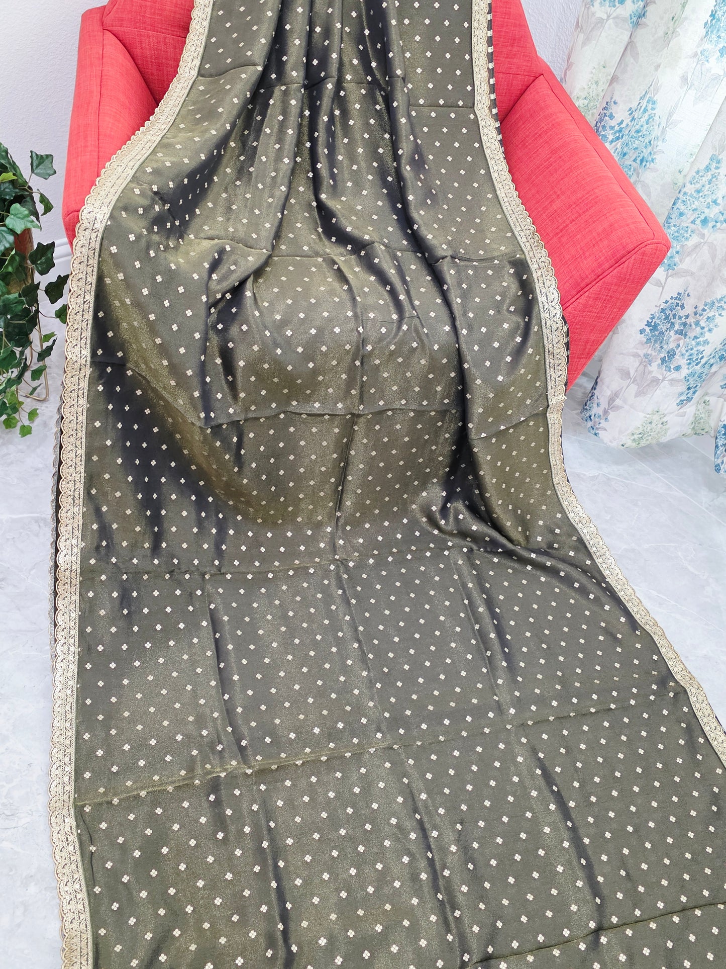 Luxury olive gold tissue saree with delicate all over butta and lace border