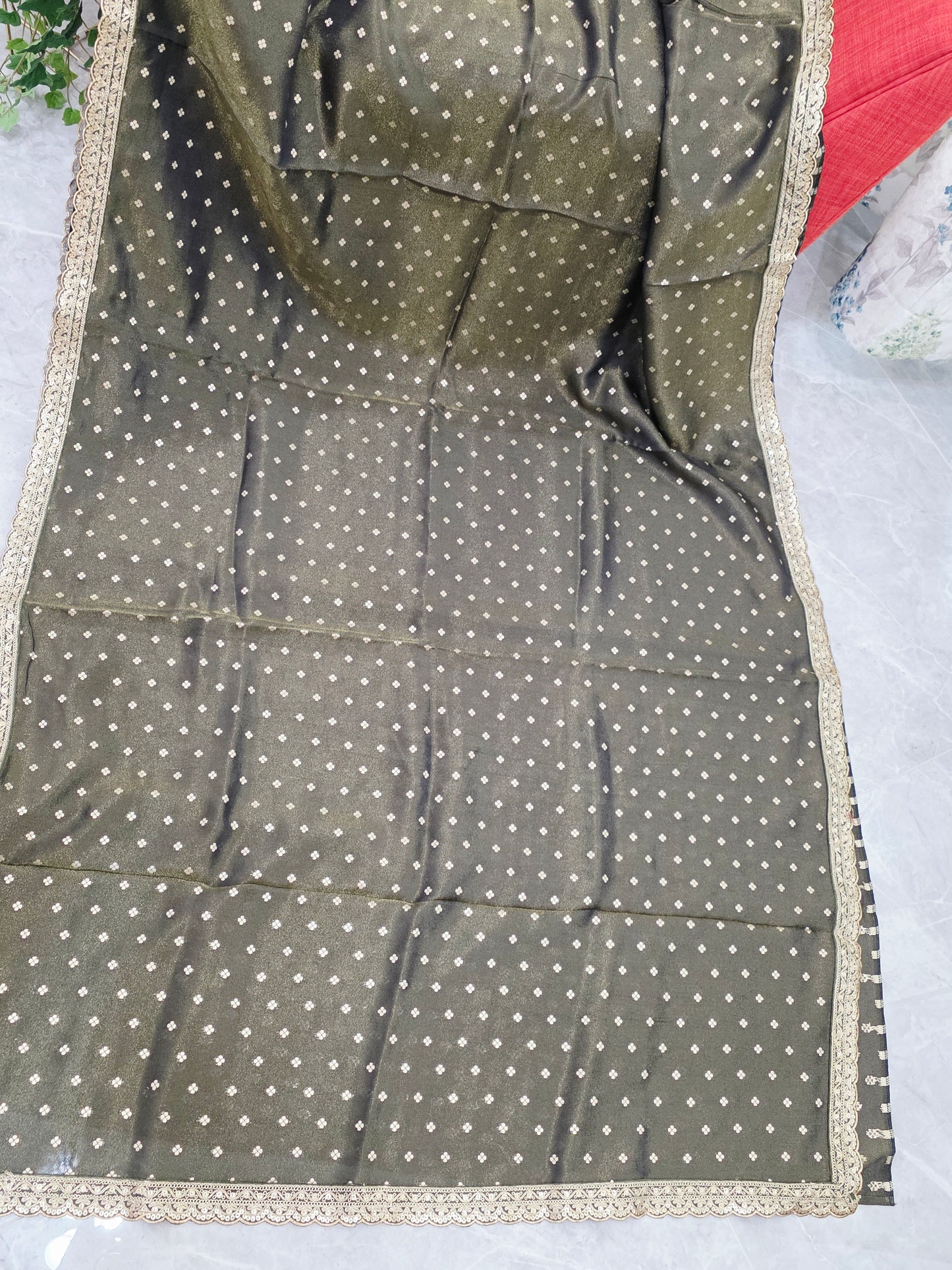 Luxury olive gold tissue saree with delicate all over butta and lace border