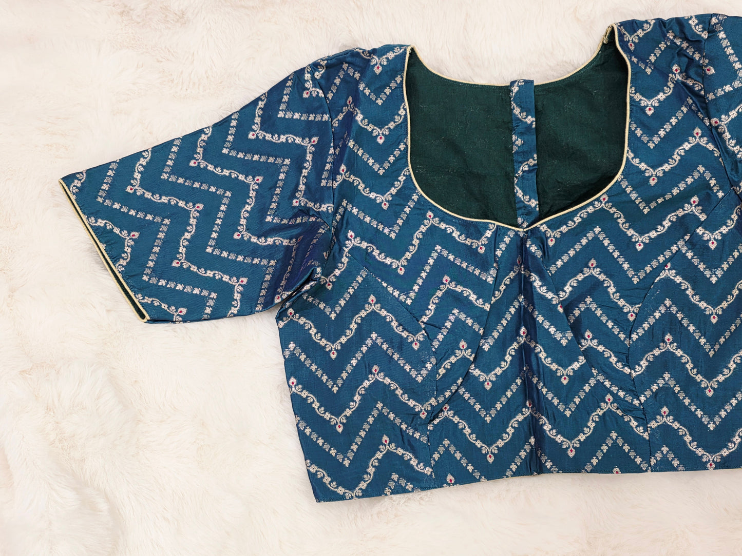 Teal Blue Banarasi Silk Stitched Blouse with Chevron Butta