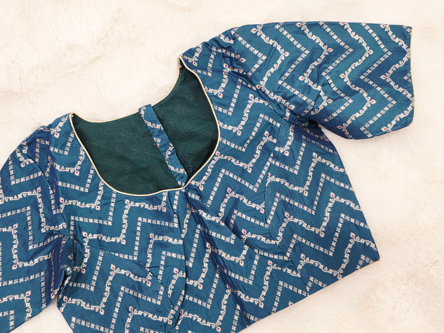 Teal Blue Banarasi Silk Stitched Blouse with Chevron Butta