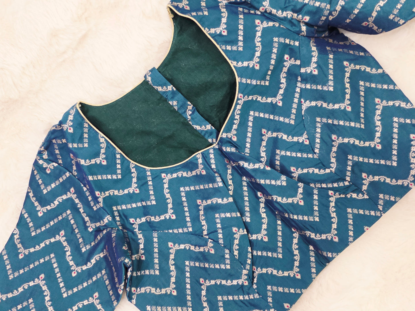 Teal Blue Banarasi Silk Stitched Blouse with Chevron Butta