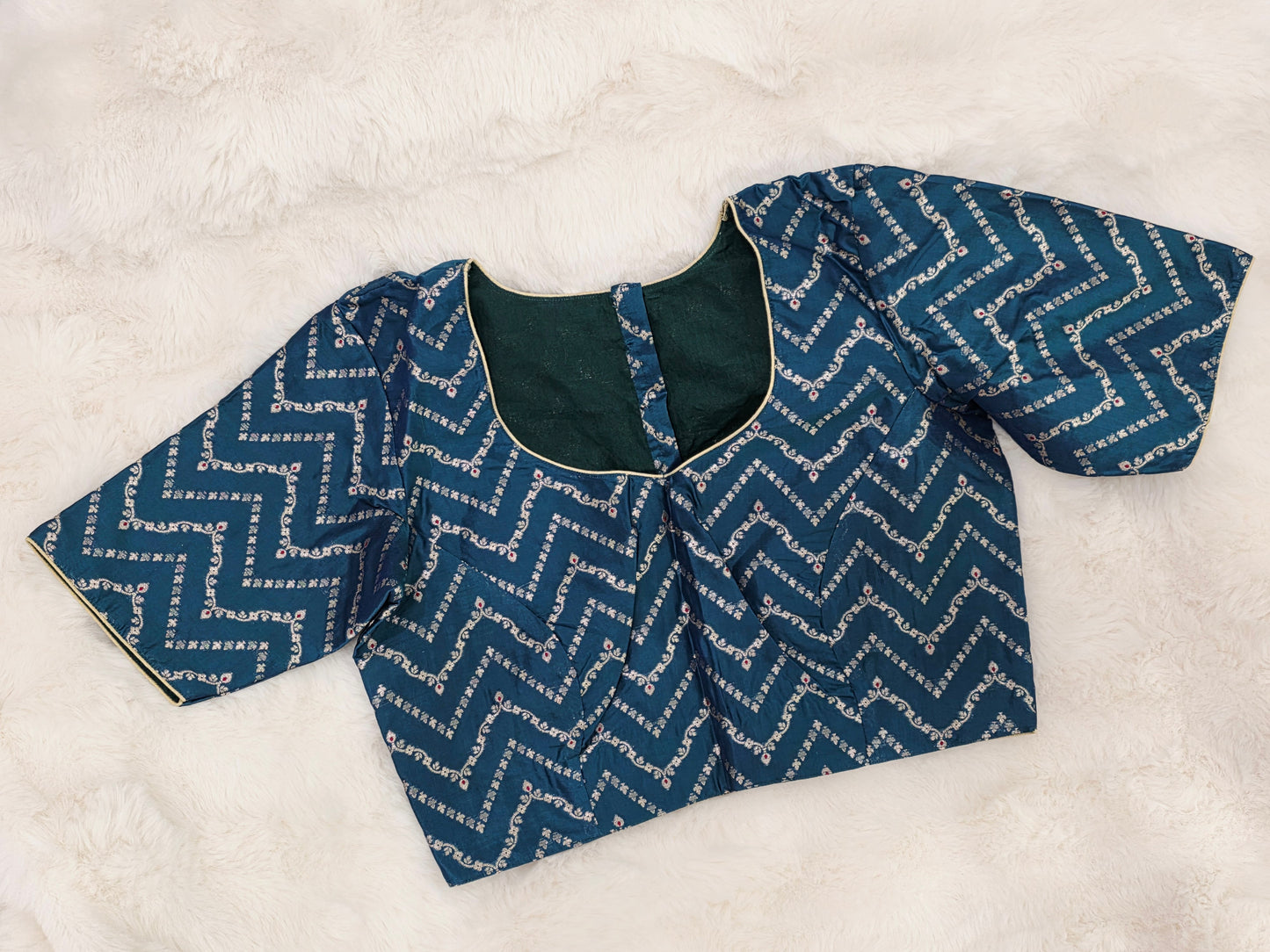 Teal Blue Banarasi Silk Stitched Blouse with Chevron Butta
